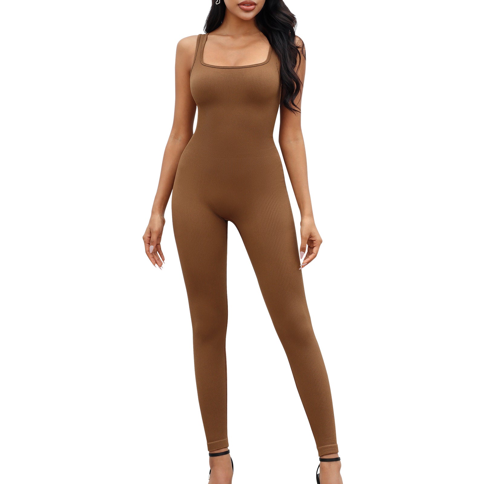 Square neckline suspender long pants jumpsuit 1 set