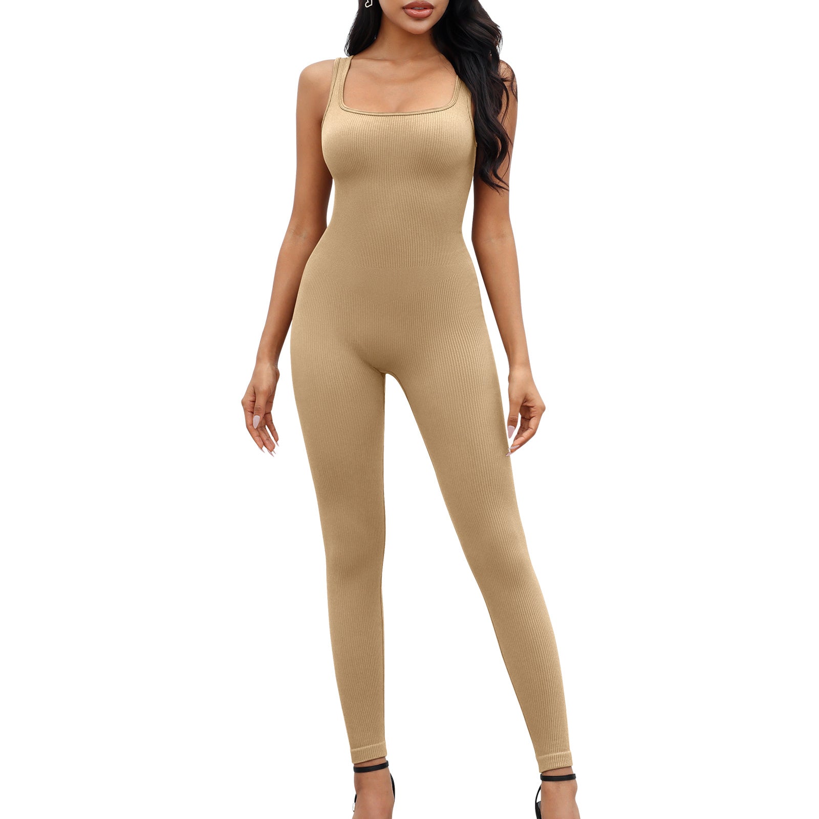 Square neckline suspender long pants jumpsuit 1 set