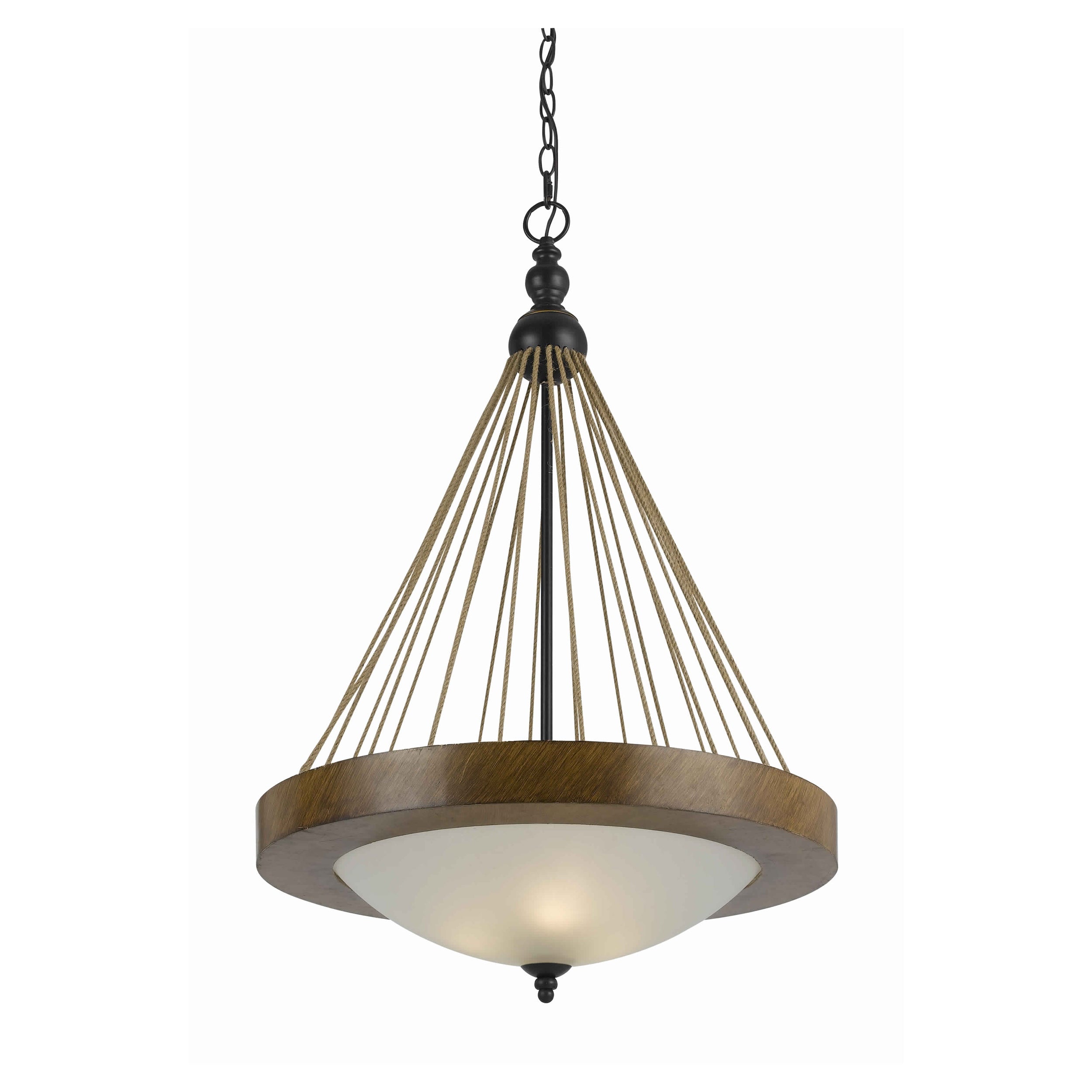 3 Bulb Pendant Fixture with Round Wooden Frame and Smoked Glass Shade,Brown