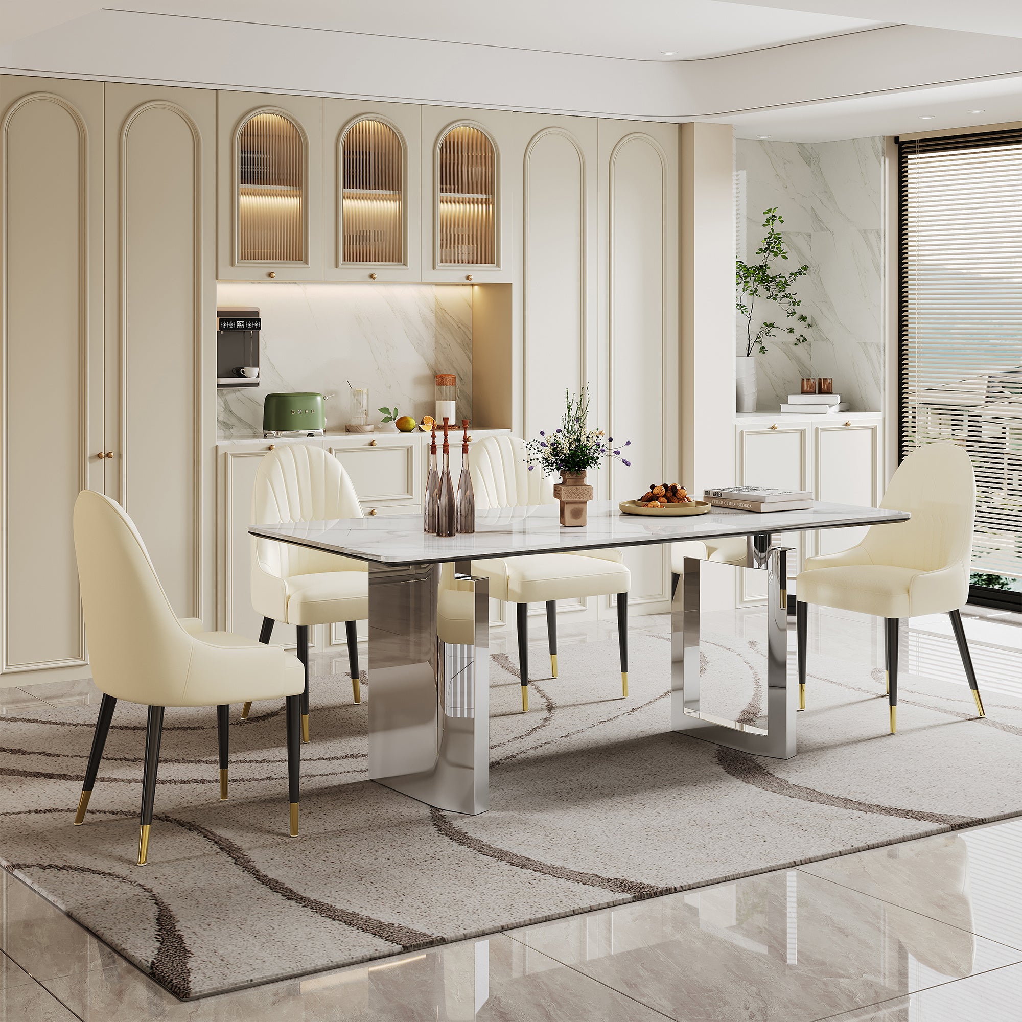 Dining Table Set of 5, Sintered Stone Composite Tempered Glass Top Rectangular Dining Table with Stainless Steel Base and Four Leatherette Dining Chairs, Table Size: 70.87" L x 31.5" W x 29.92" H