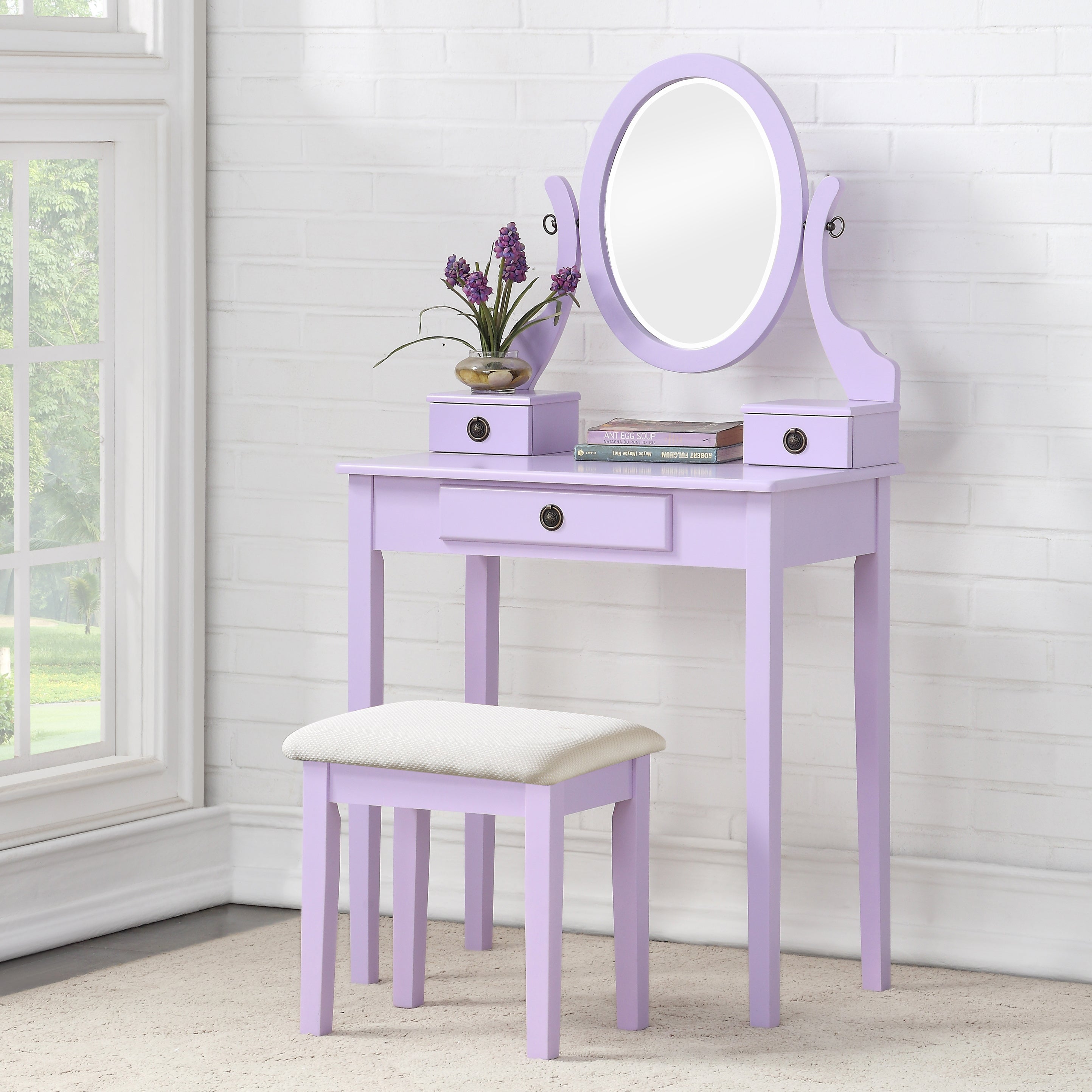 Moniys Wood Moniya Makeup Vanity Table and Stool Set, Purple