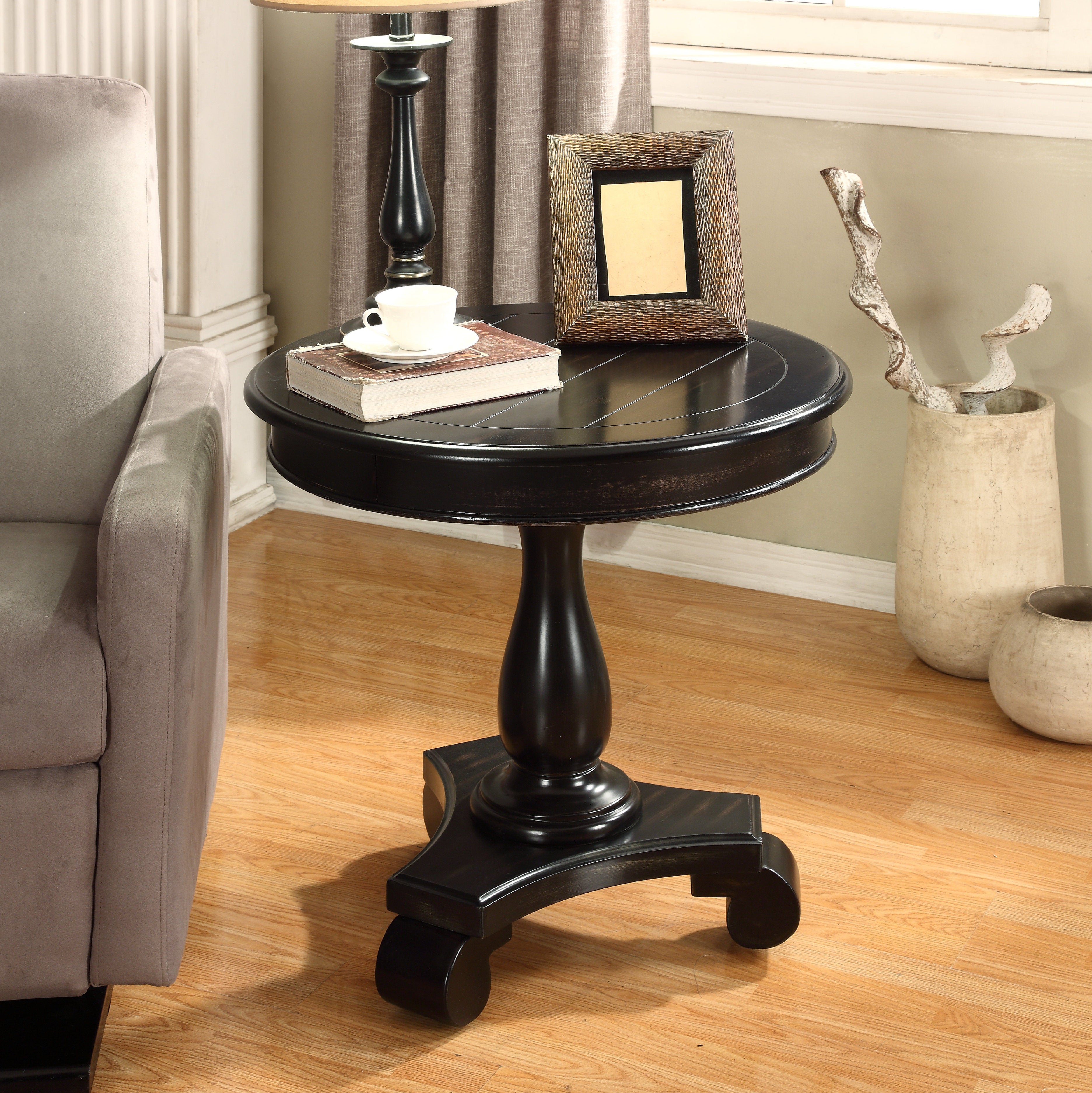 Rene Round Wood Pedestal Side Table, Black