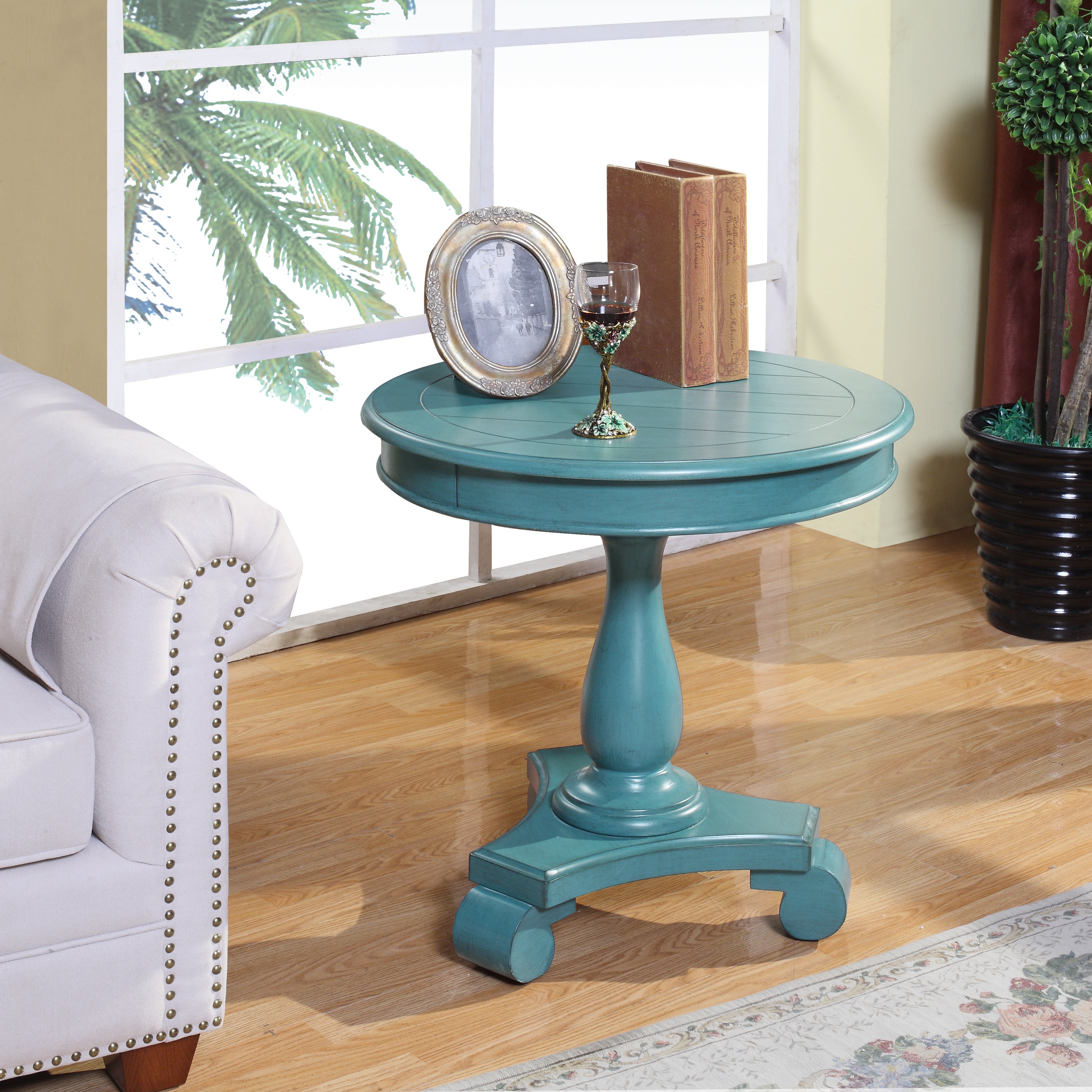 Rene Round Wood Pedestal Side Table, Teal