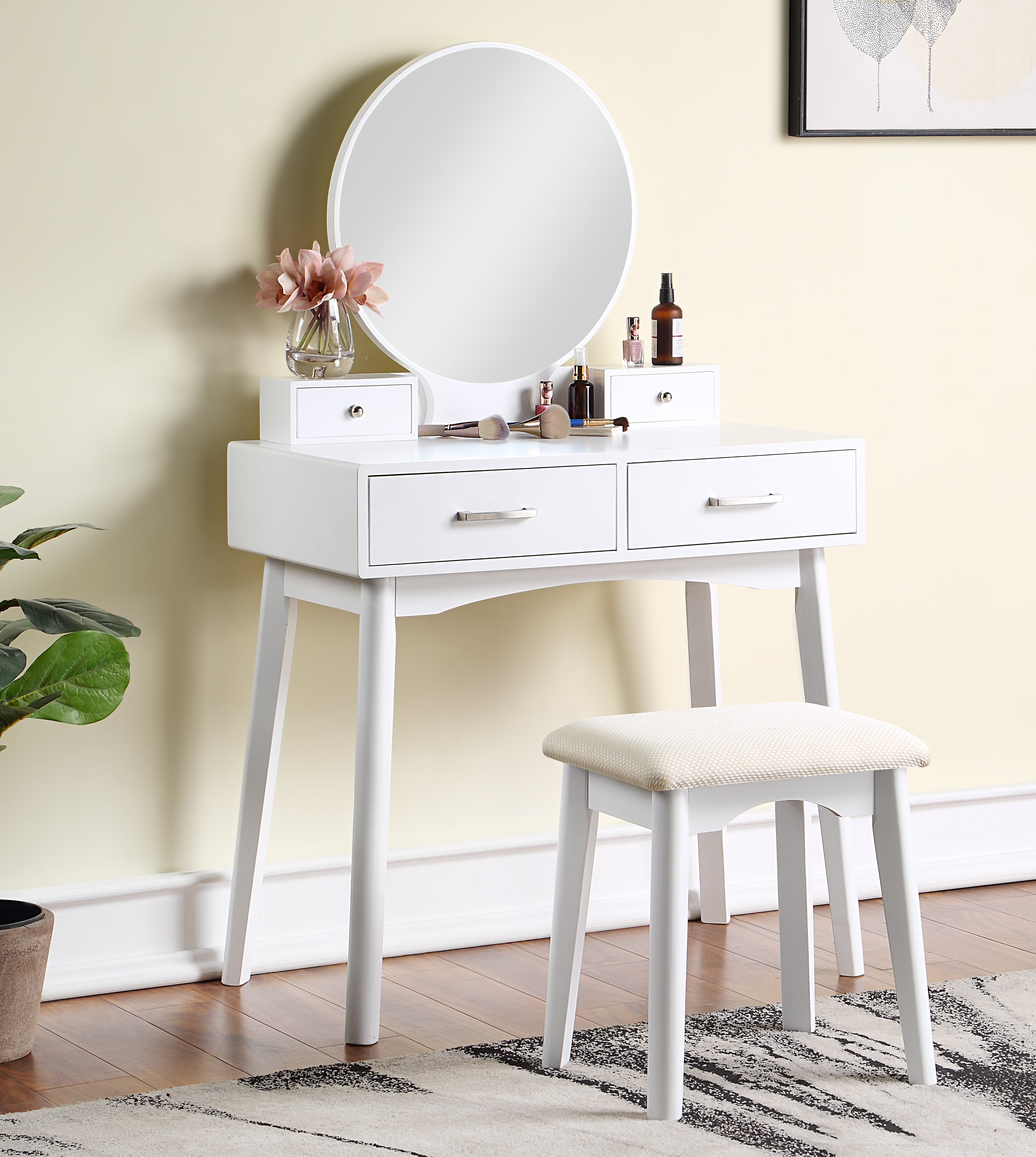 Liannon Contemporary Wood Vanity and Stool Set, White