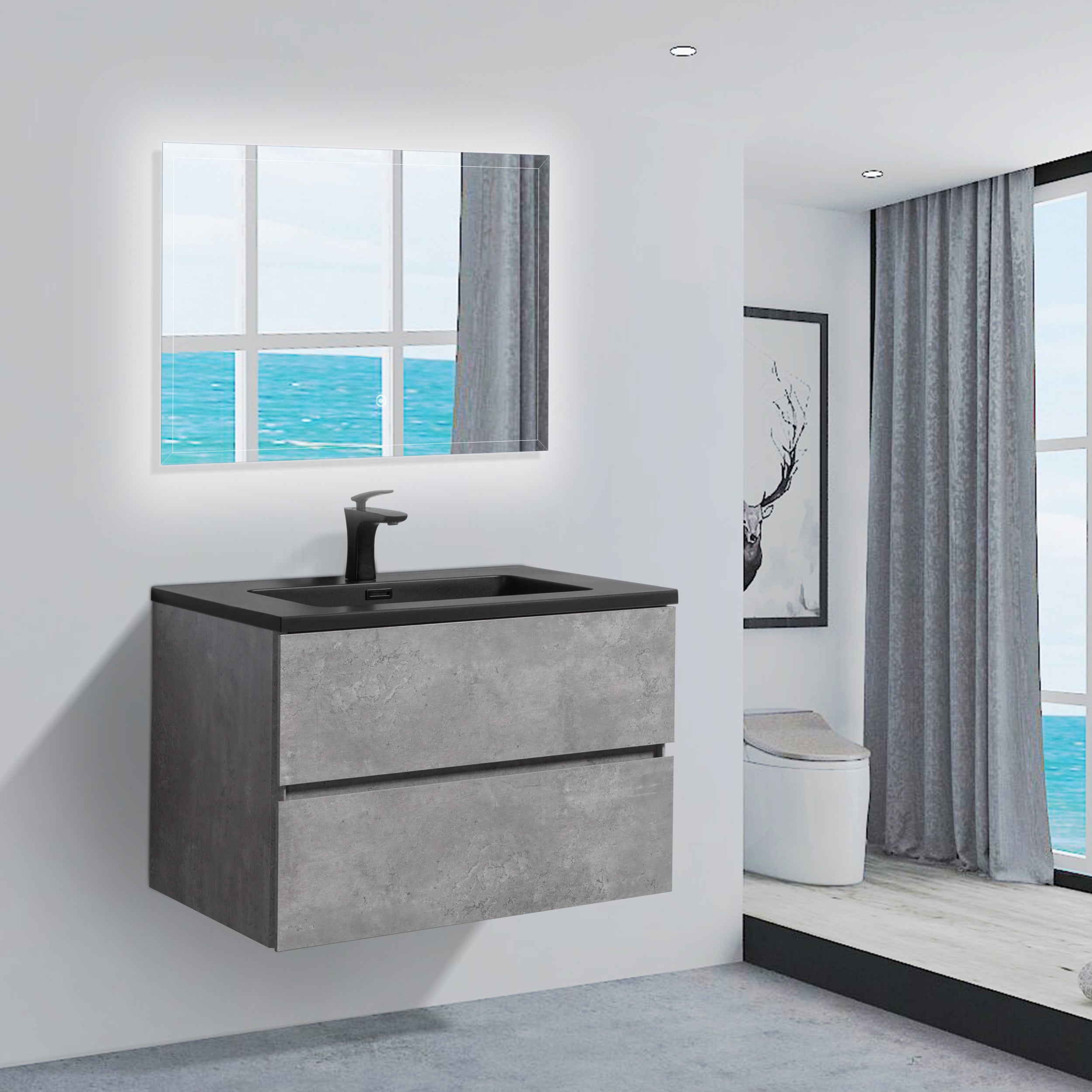 30'' Wall Mounted Single Bathroom Vanity in Ash Gray With White Solid Surface Vanity Top