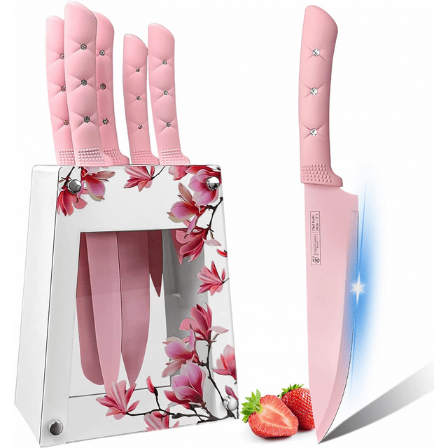 Kitchen Knife Set, Caliamary Pink Flower 6PC Stainless Steel Sharp Chef Knife Set with Acrylic Stand, Cooking Non-slip Knife Set with Block, Non-stick Colorful Coating Gift for Women Girls (Pink)