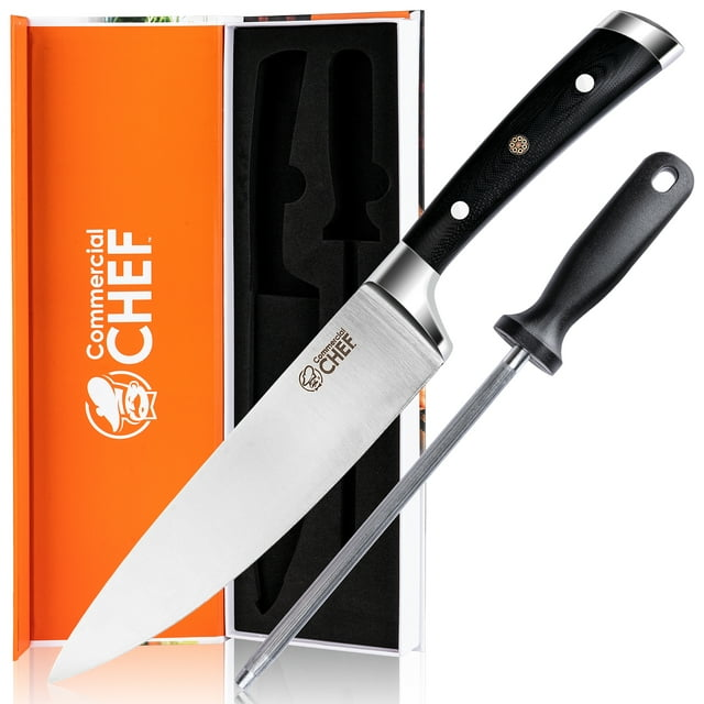 Commercial Chef Pro Chef Knife 8 inch Blade with Triple Rivet Ergonomic G10 Handle with Knife Sharpener - 7Cr17Mov High Carbon Stainless Steel Forged Chef's Knife Razor Sharp Full Tang Sharp Japanese