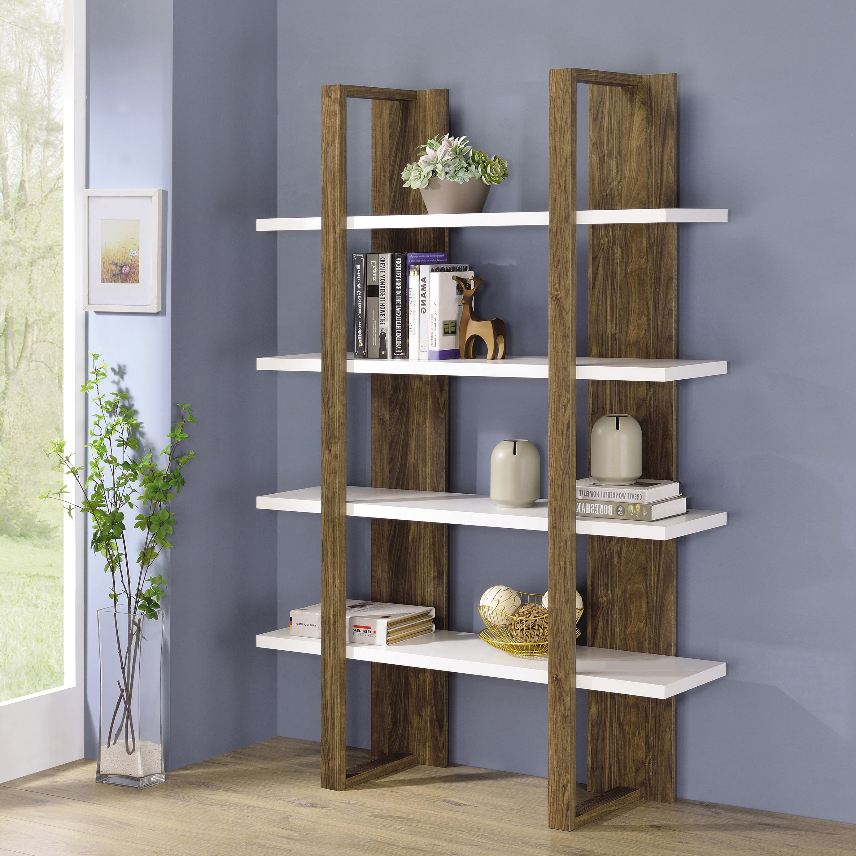 Aged Walnut and White 4-Shelf Bookcase