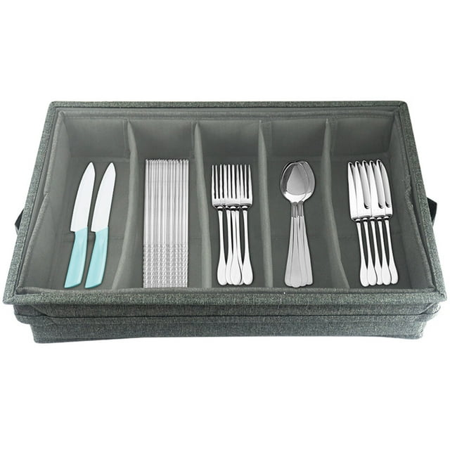 Flatware Storage Case with PVC Lid 5 Compartment Foldable Utensil Storage Box Silverware Storage Box Chest Cutlery Storage Holder with Handle for Home Kitchen Utensils