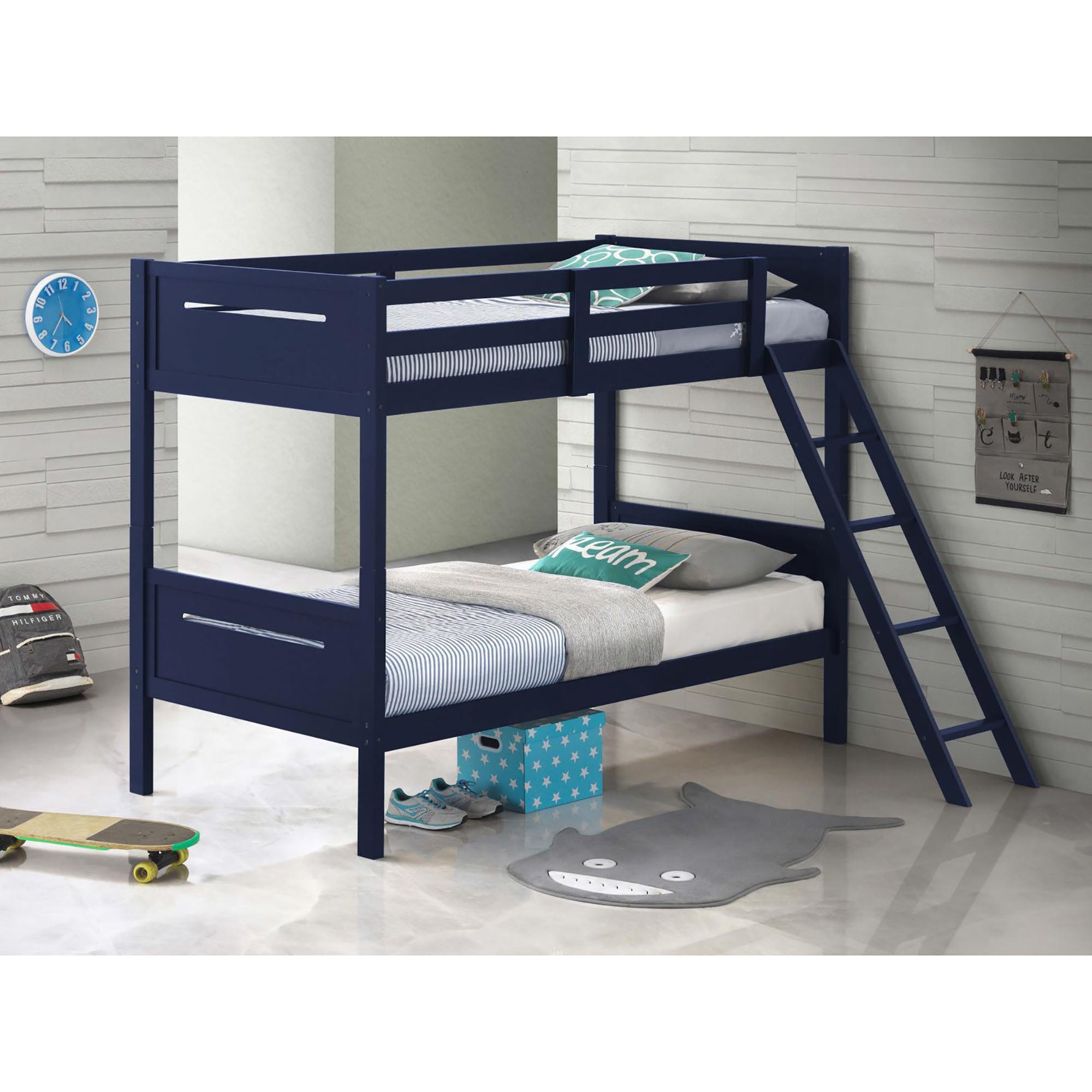 Blue Twin/Twin Bunk Bed with Built-in Ladder