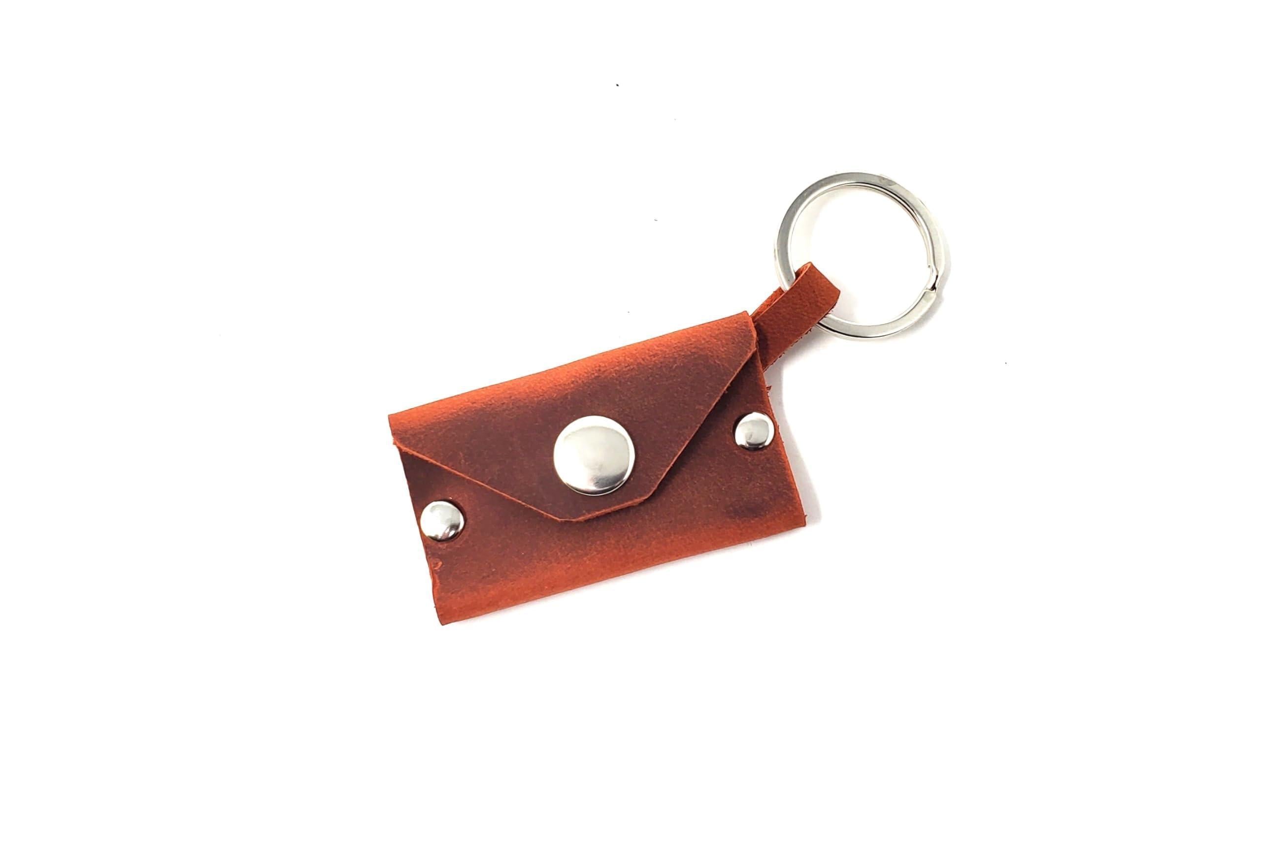 Full Grain Leather Keychain Coin Holder for Man and Women Airtag Wallet & More Snap Purse Key Ring Brown