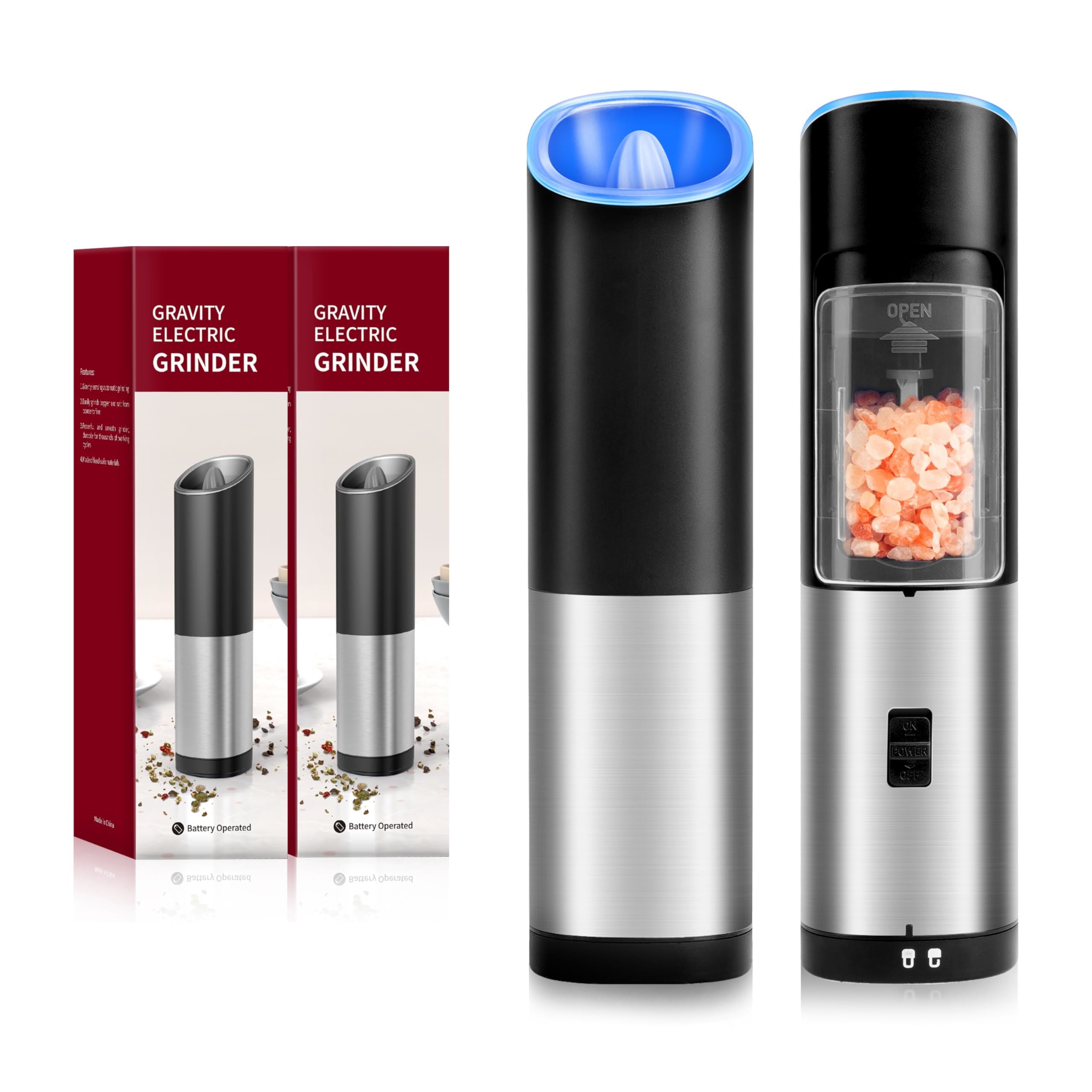 Gravity Electric Salt and Pepper Grinder Set, Adjustable Coarseness, Battery Powered with LED Light, One Hand Automatic Operation, Stainless Steel, Black