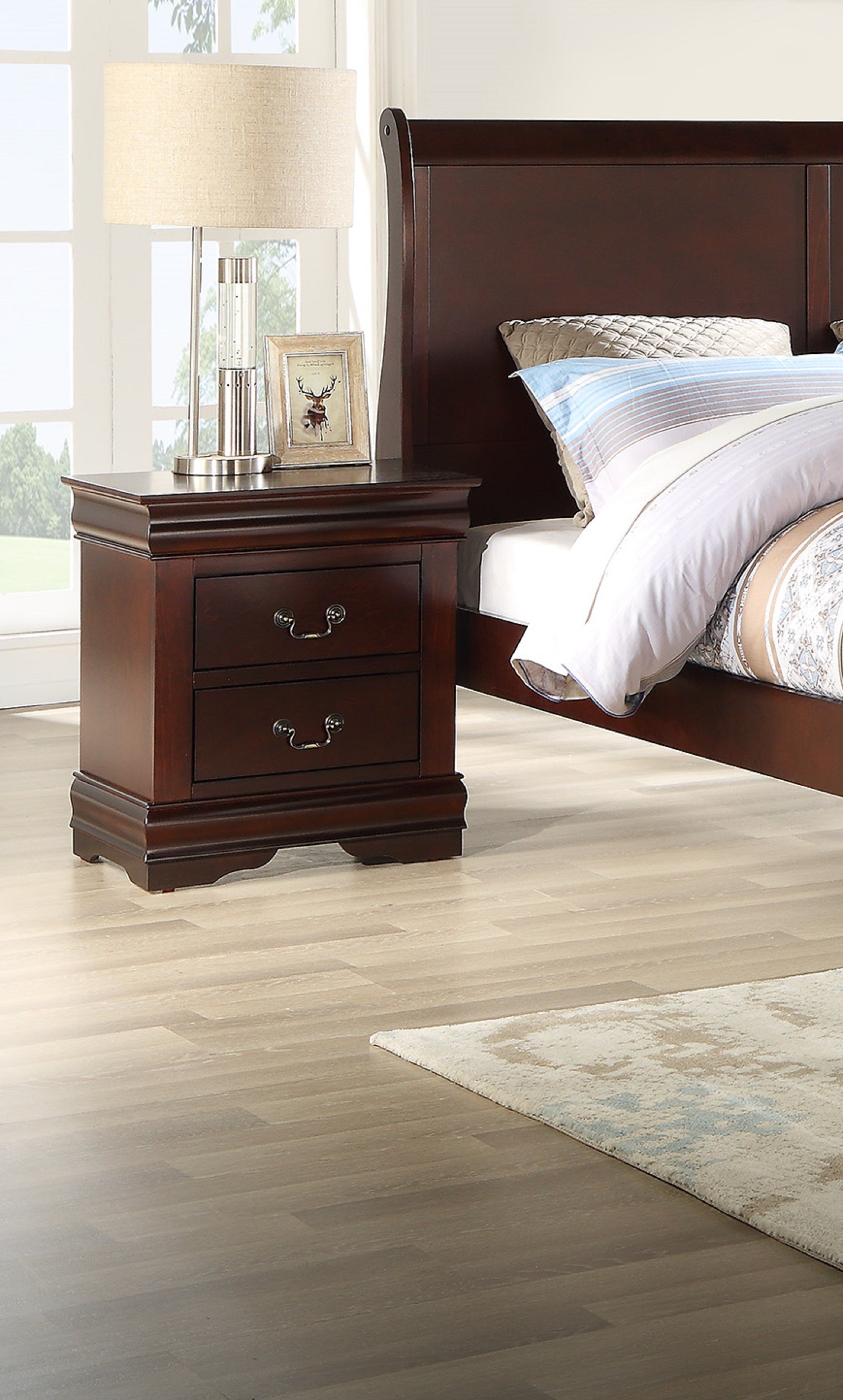 1pc Cherry Finish Two Drawers Louis Philip Nightstand Solid Wood Contemporary & Simple Style