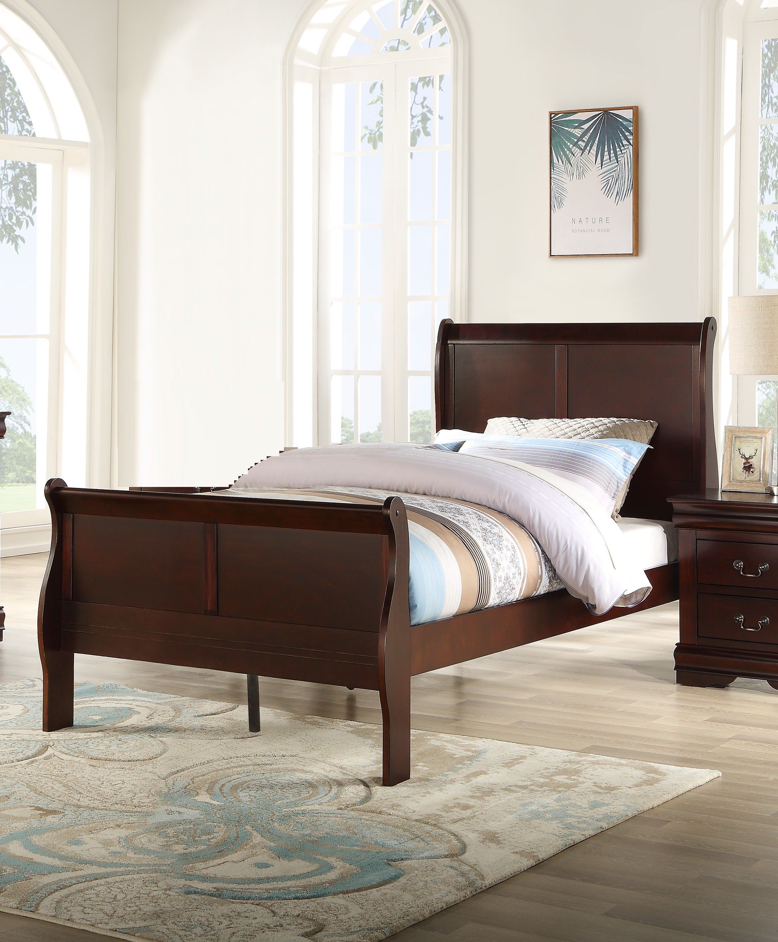 Louis Phillipe Brown Cherry Finish Twin Size Youth Panel Sleigh Bed Solid Wood Wooden Bedroom Furniture