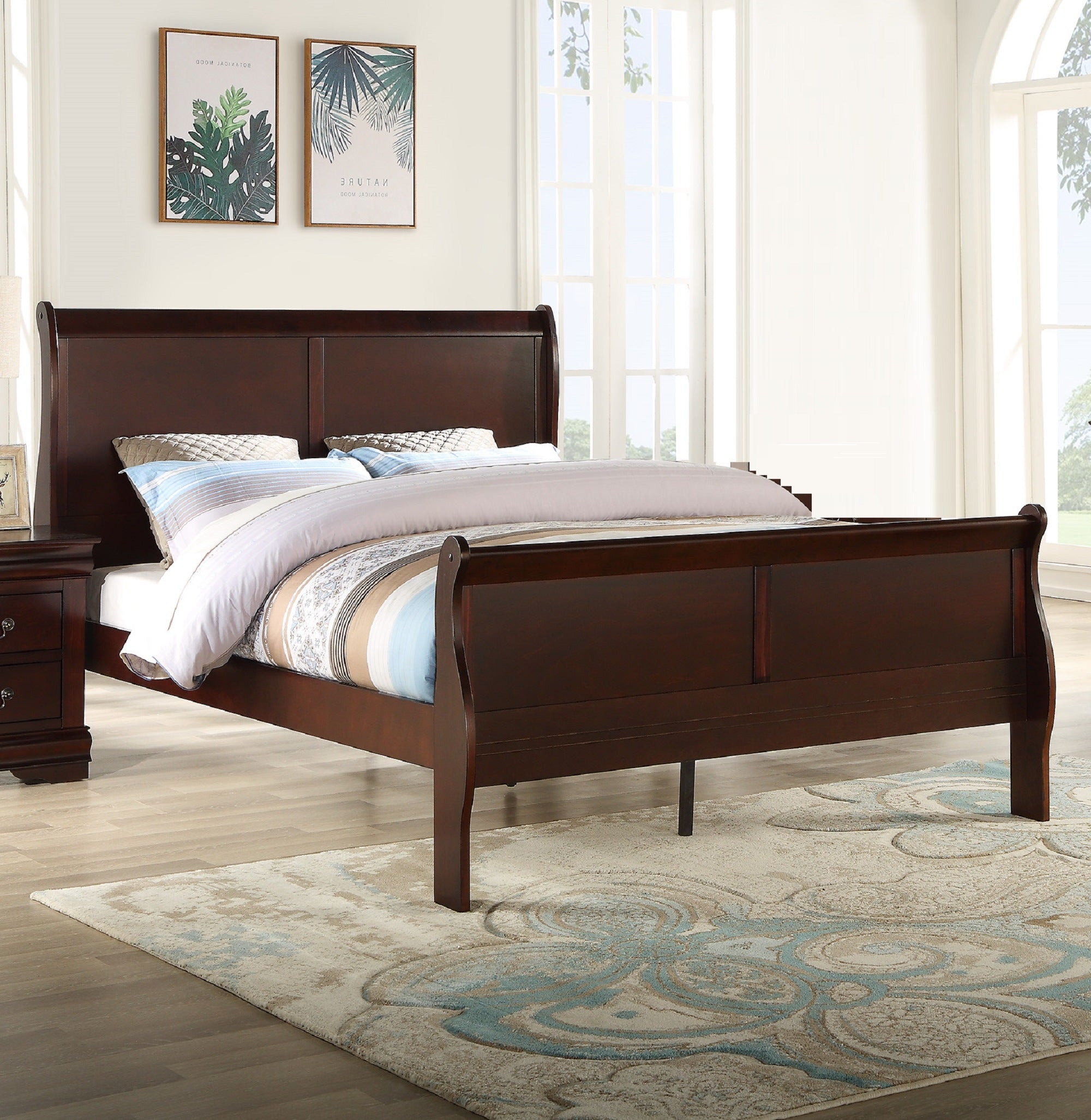 Louis Phillipe Brown Cherry Finish King Size Panel Sleigh Bed Solid Wood Wooden Bedroom Furniture