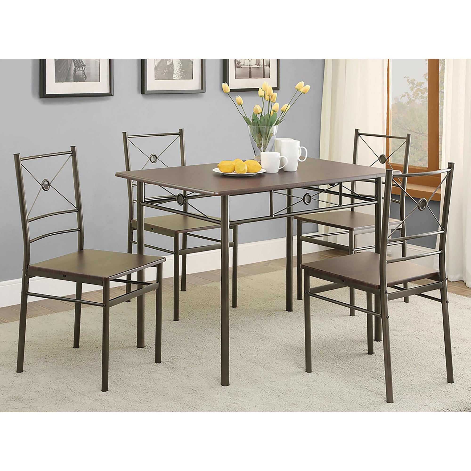 Walnut and Dark Bronze 5-Piece Rectangle Dining Set