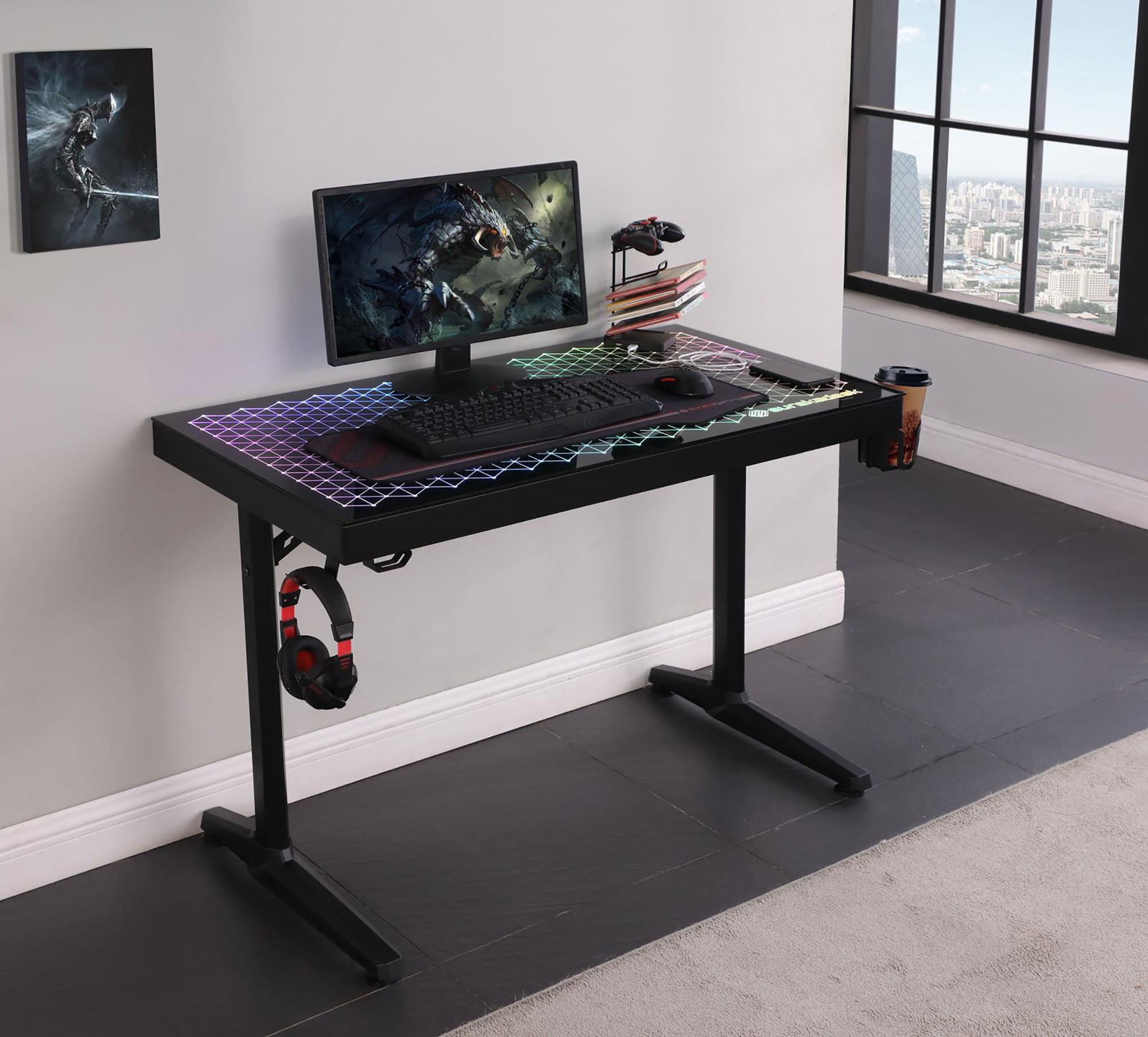 Black Gaming Desk with LED Lighting