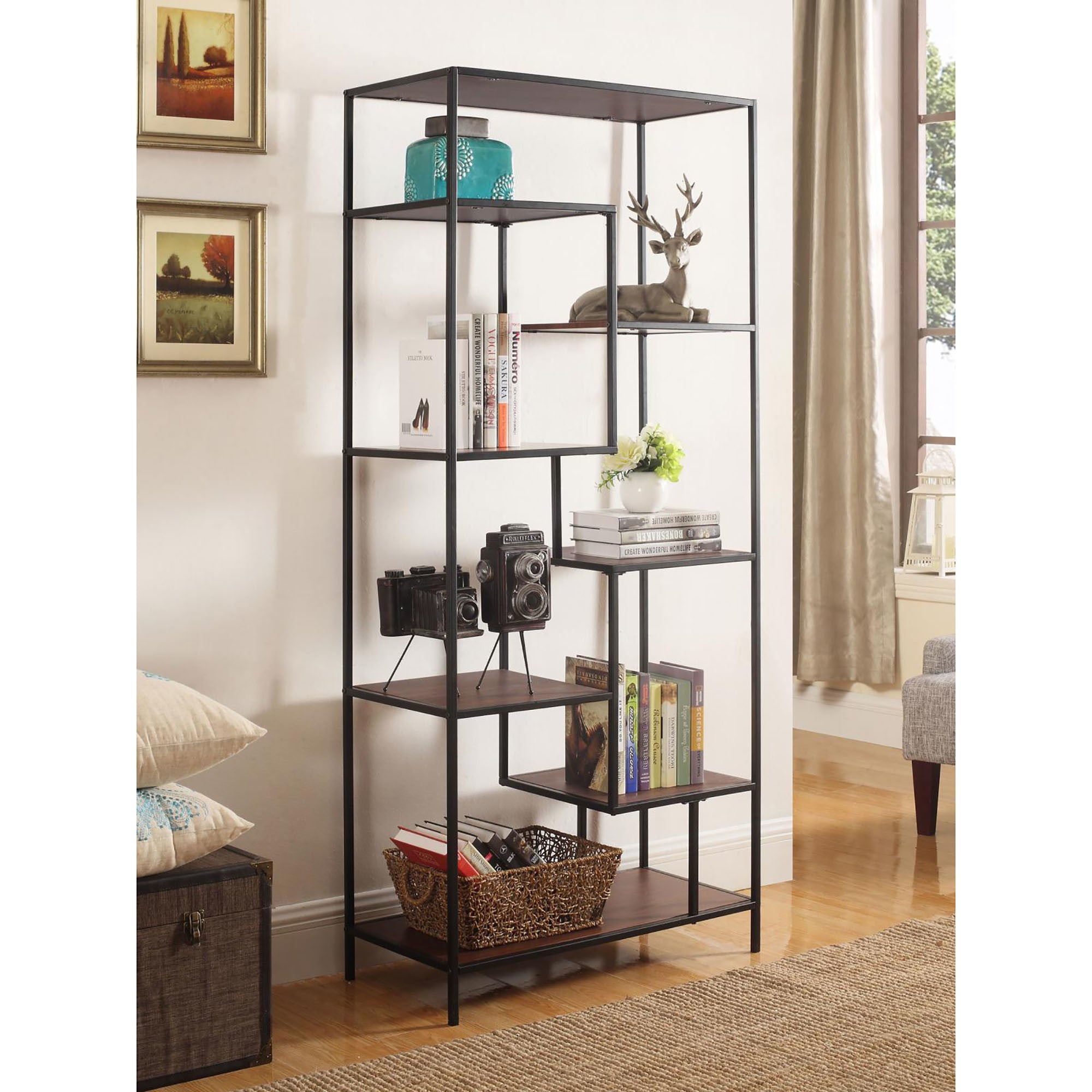 Walnut and Black 7-Shelf Bookcase