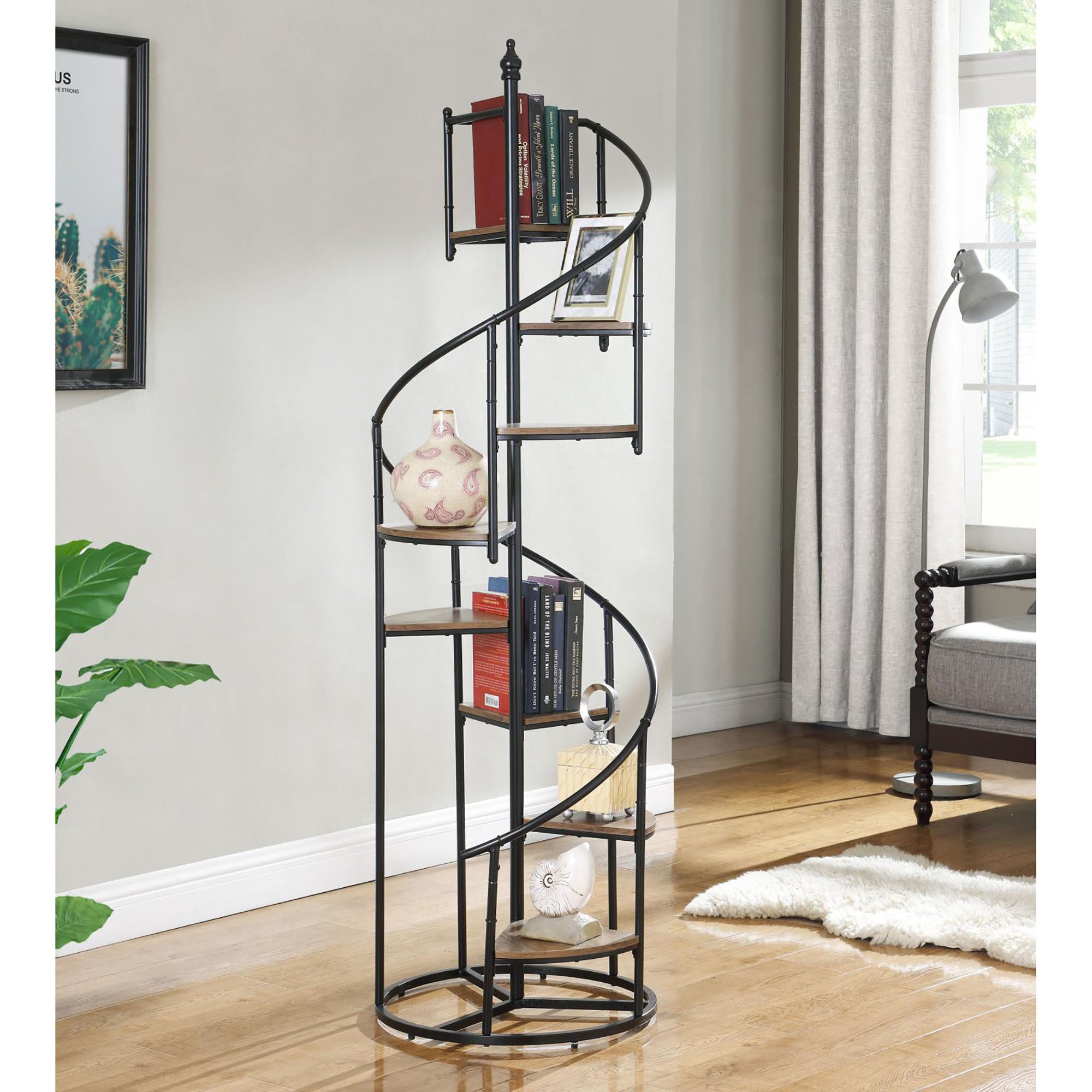 Rustic Brown and Black 8-Shelf Staircase Bookcase