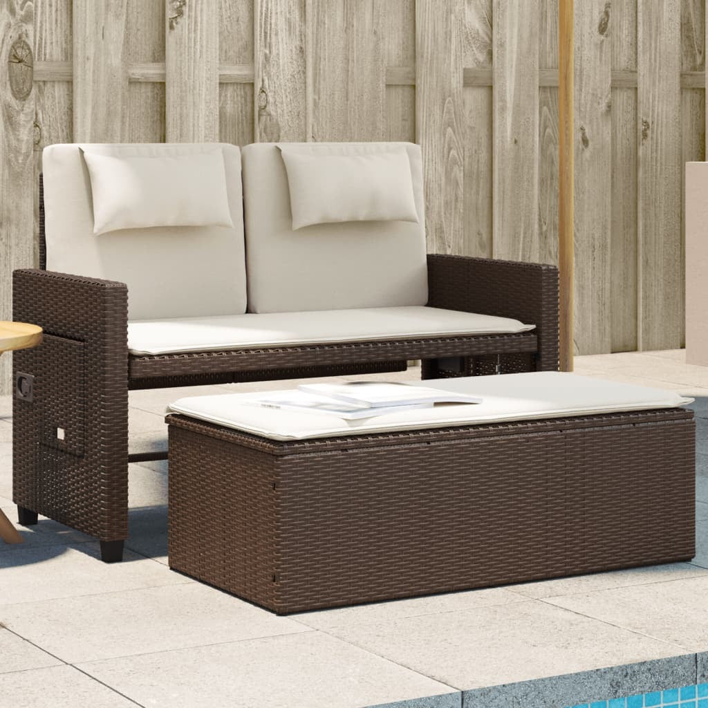 Reclining Patio Bench with Cushions Brown Poly Rattan