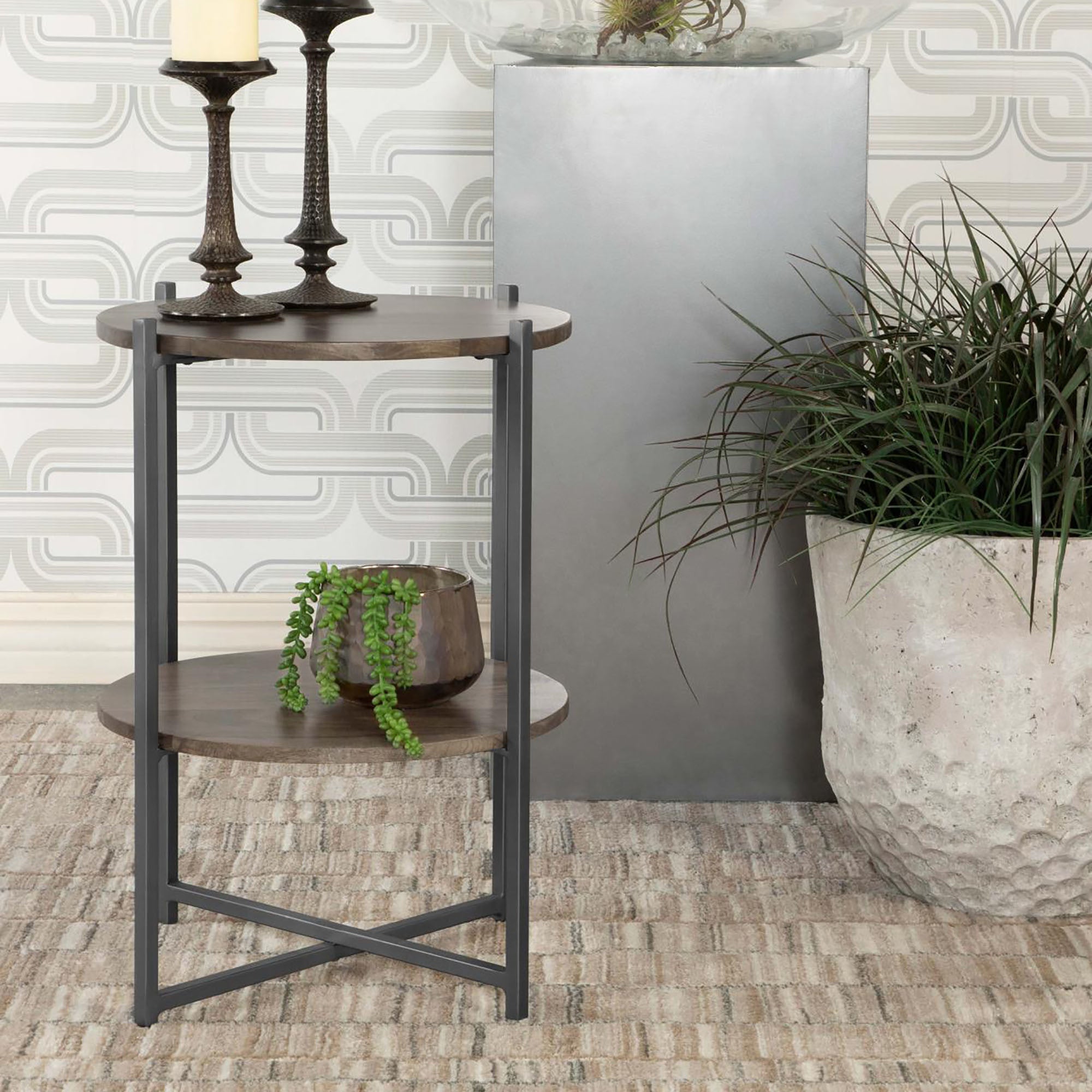 Natural and Gunmetal Accent Table with Bottom Shelf