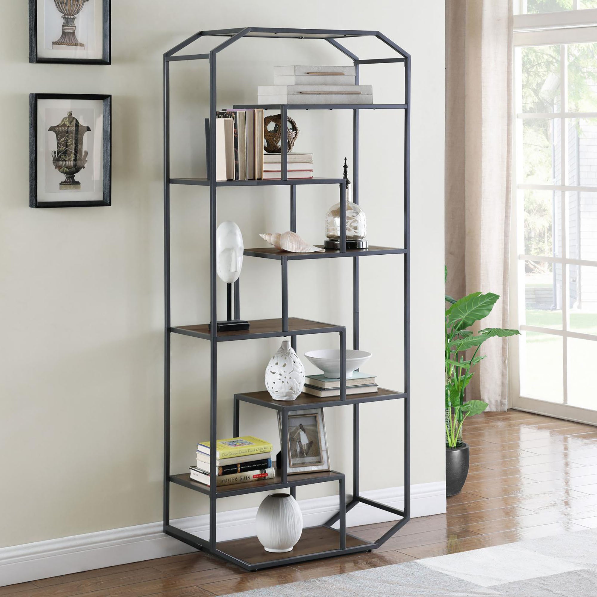 Rustic Brown and Dark Grey 6-Shelf Open Back Bookcase