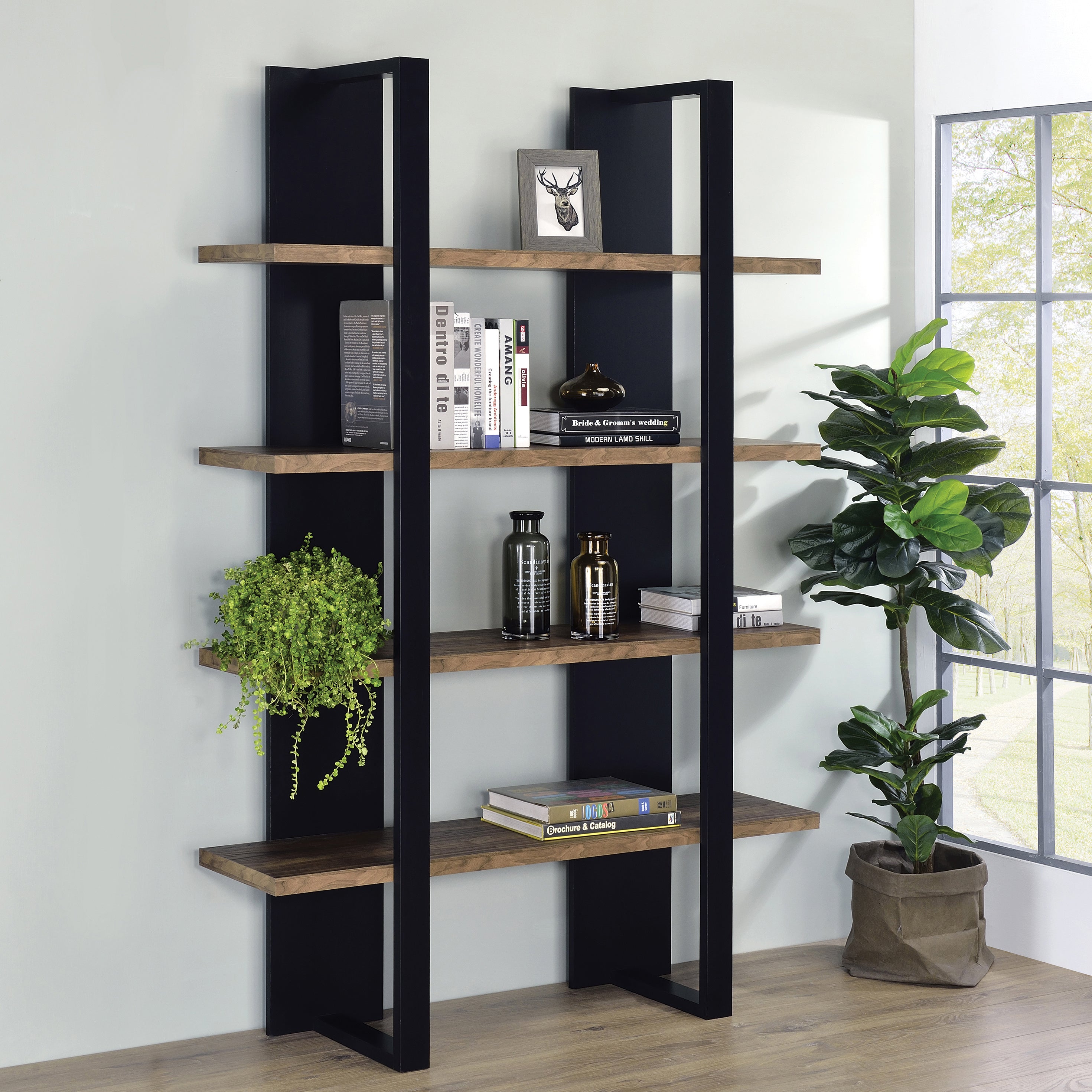 Mystrene Black and Walnut 4-Shelf Bookcase