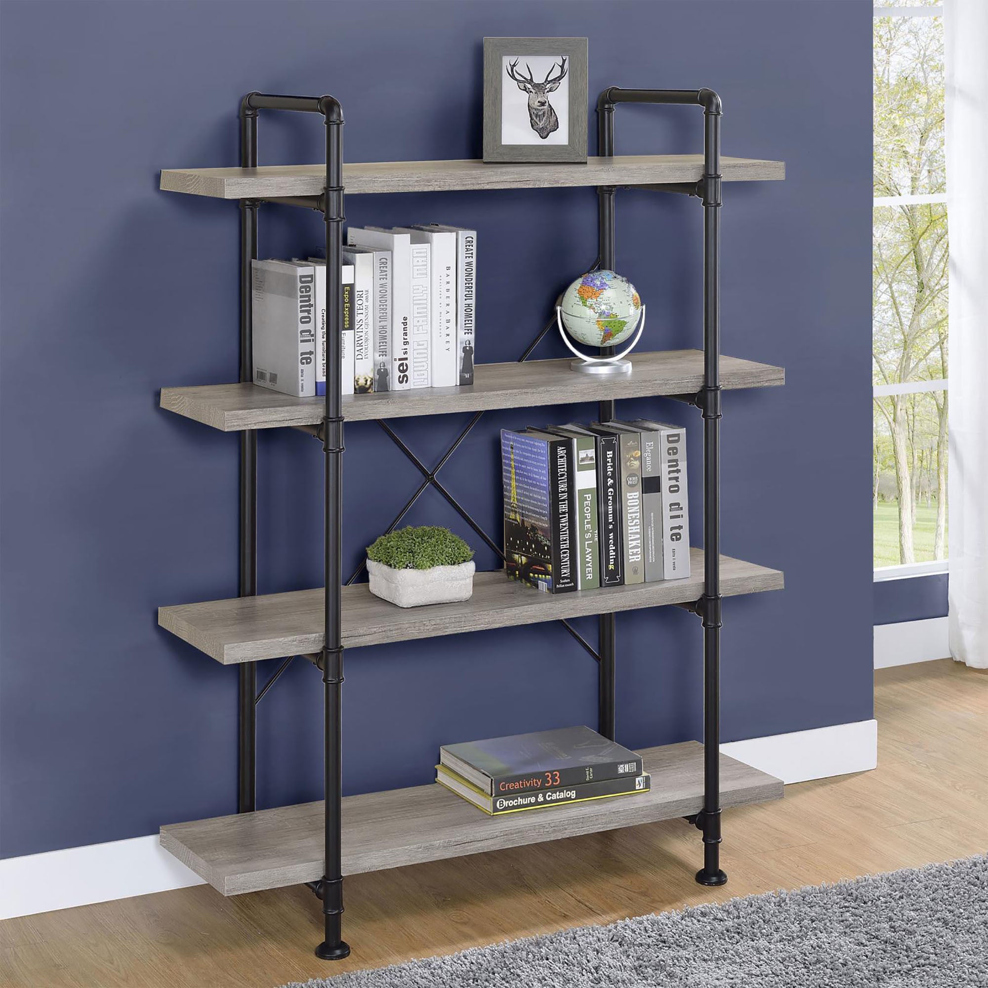 Grey Driftwood and Black 4-Shelf Bookcase