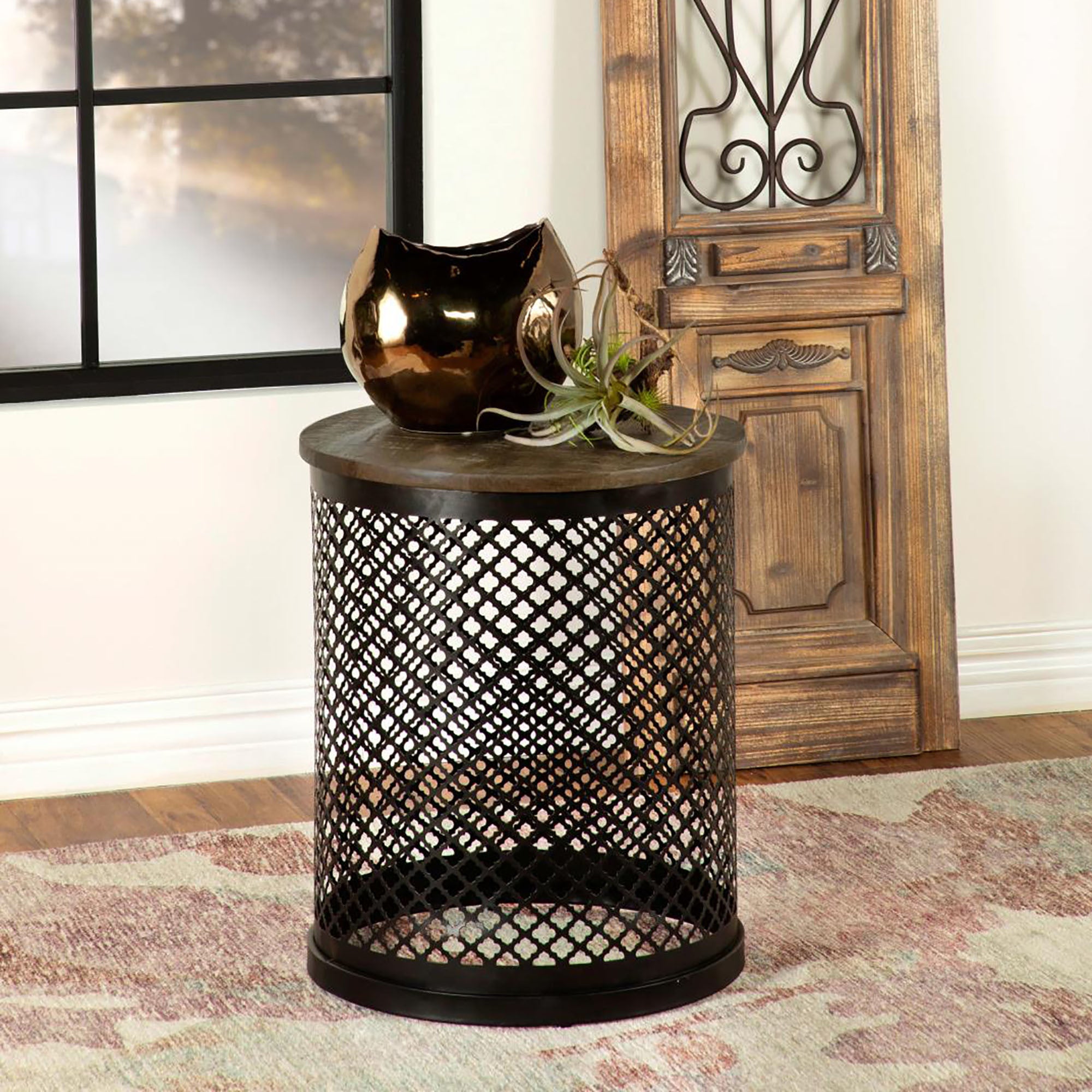 Natural and Black Drum Base Accent Table