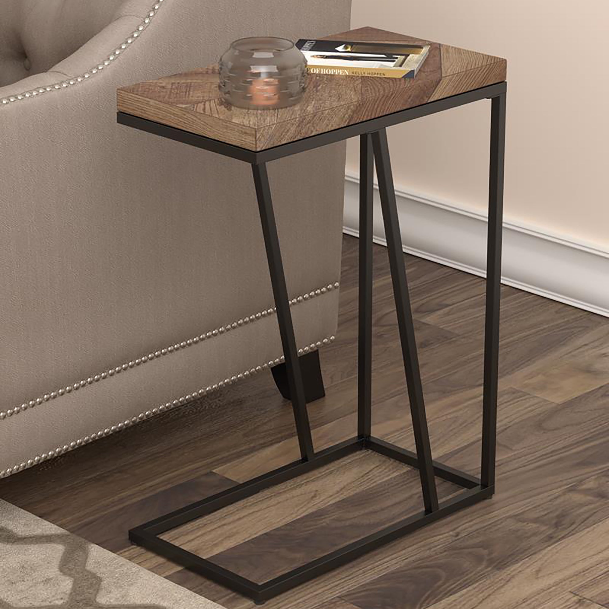 Rustic Tobacco Herringbone and Sandy Black Accent Table