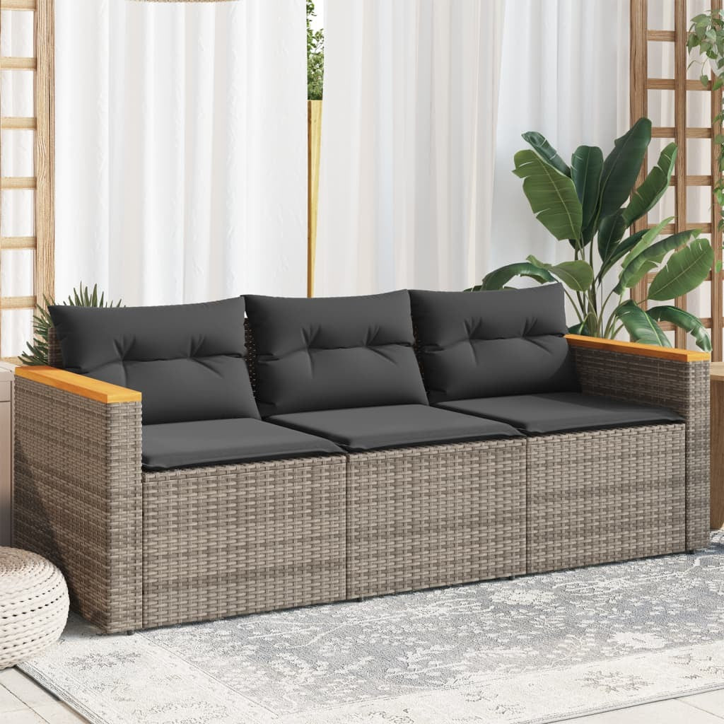 Patio Sofa with Cushions 3-Seater Gray Poly Rattan