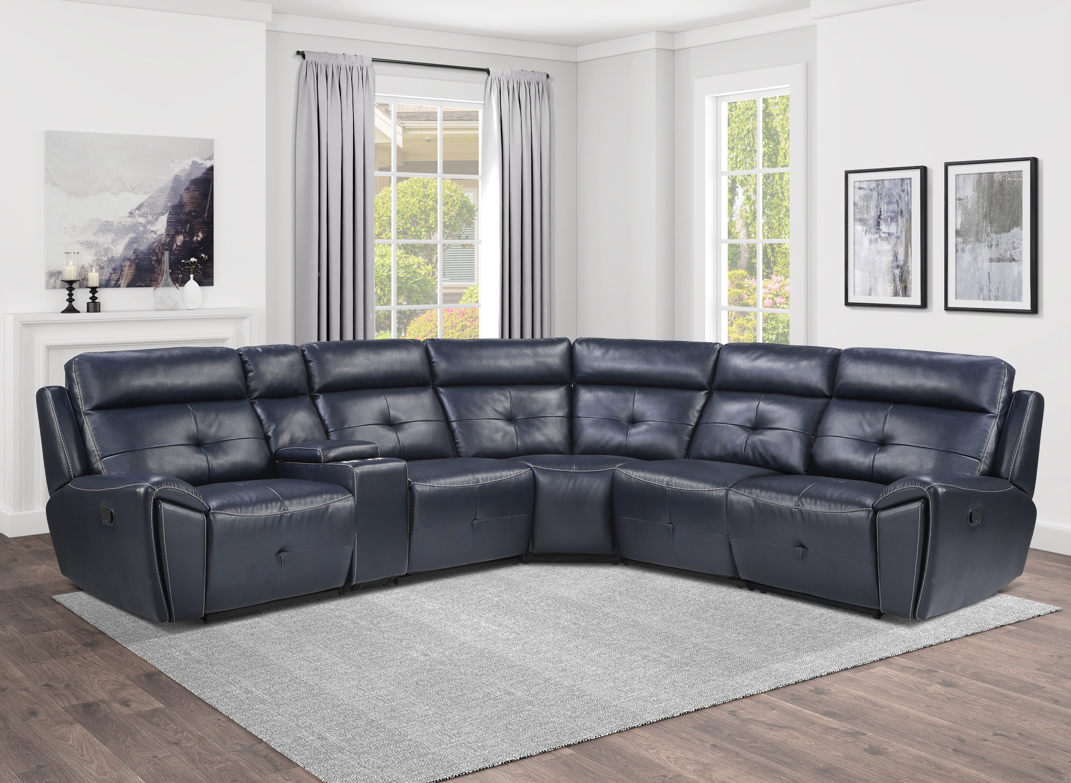 6-Piece Modular Reclining Sectional Navy Blue Premium Faux Leather Tufted Details Solid Wood Modern Living Room Furniture Plush Pillow-Back Seating