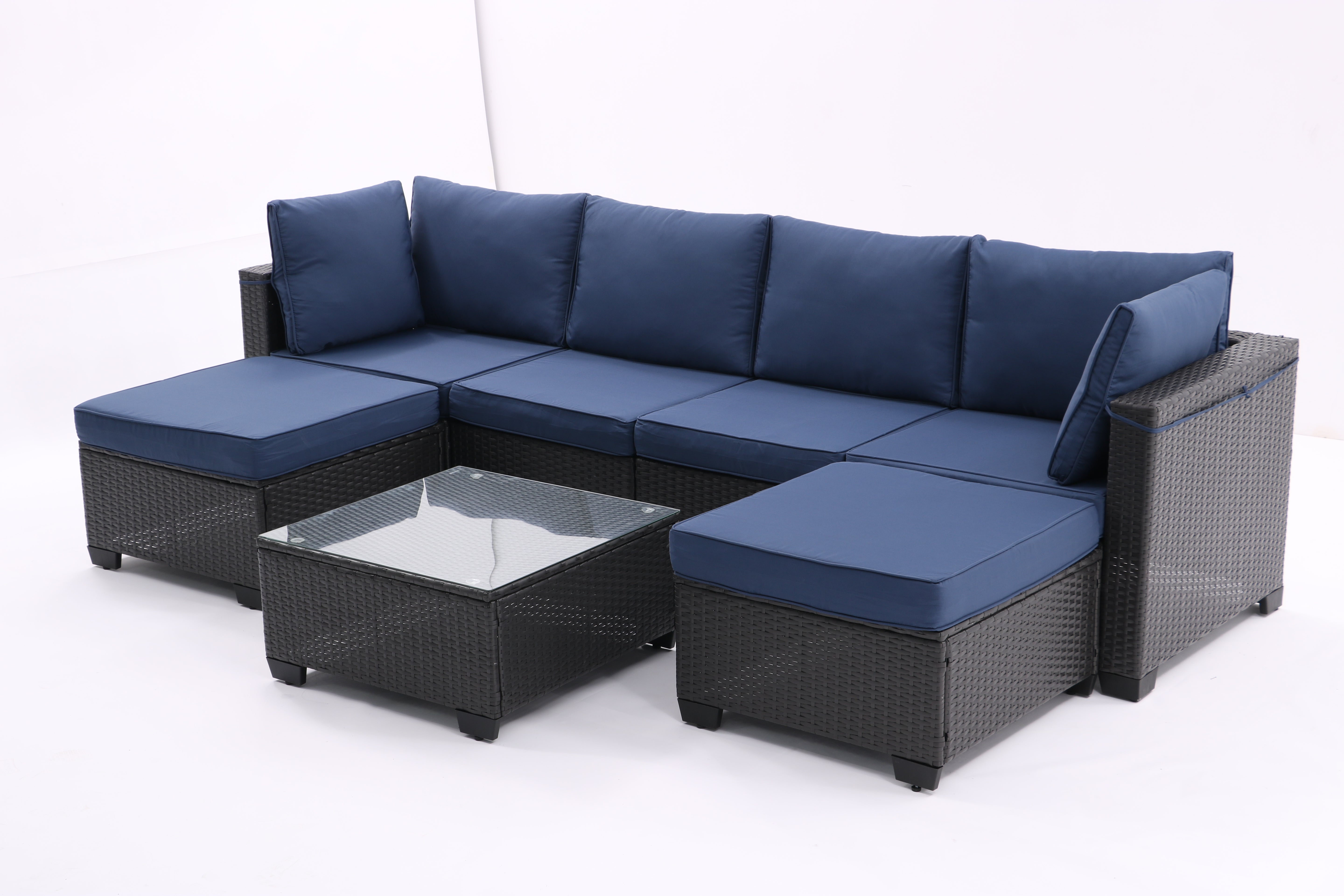 7 Pieces Outdoor Patio Furniture Set,Sectional Conversation Sofa Consisted Of Corner Chairs,Ottomans And Glass Top Table,All Weather PE Rattan and Steel Frame With Removable Cushions(Coffee+Blue)