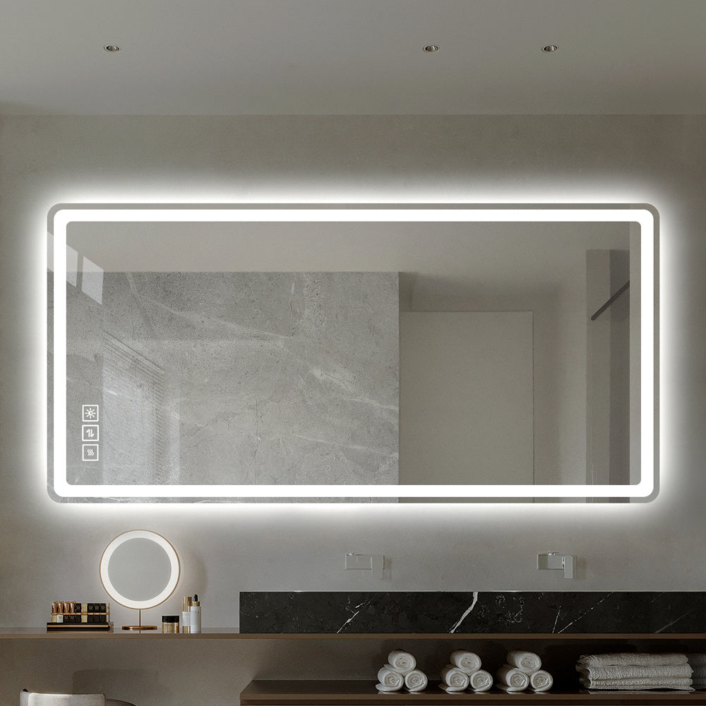 Bathroom Mirror with Led Lights Front and Backlit, Anti-Fog Lighted Vanity Mirrors for Wall Mounted, 3 Colors and 5 level Dimmable, Horizontal/Vertical