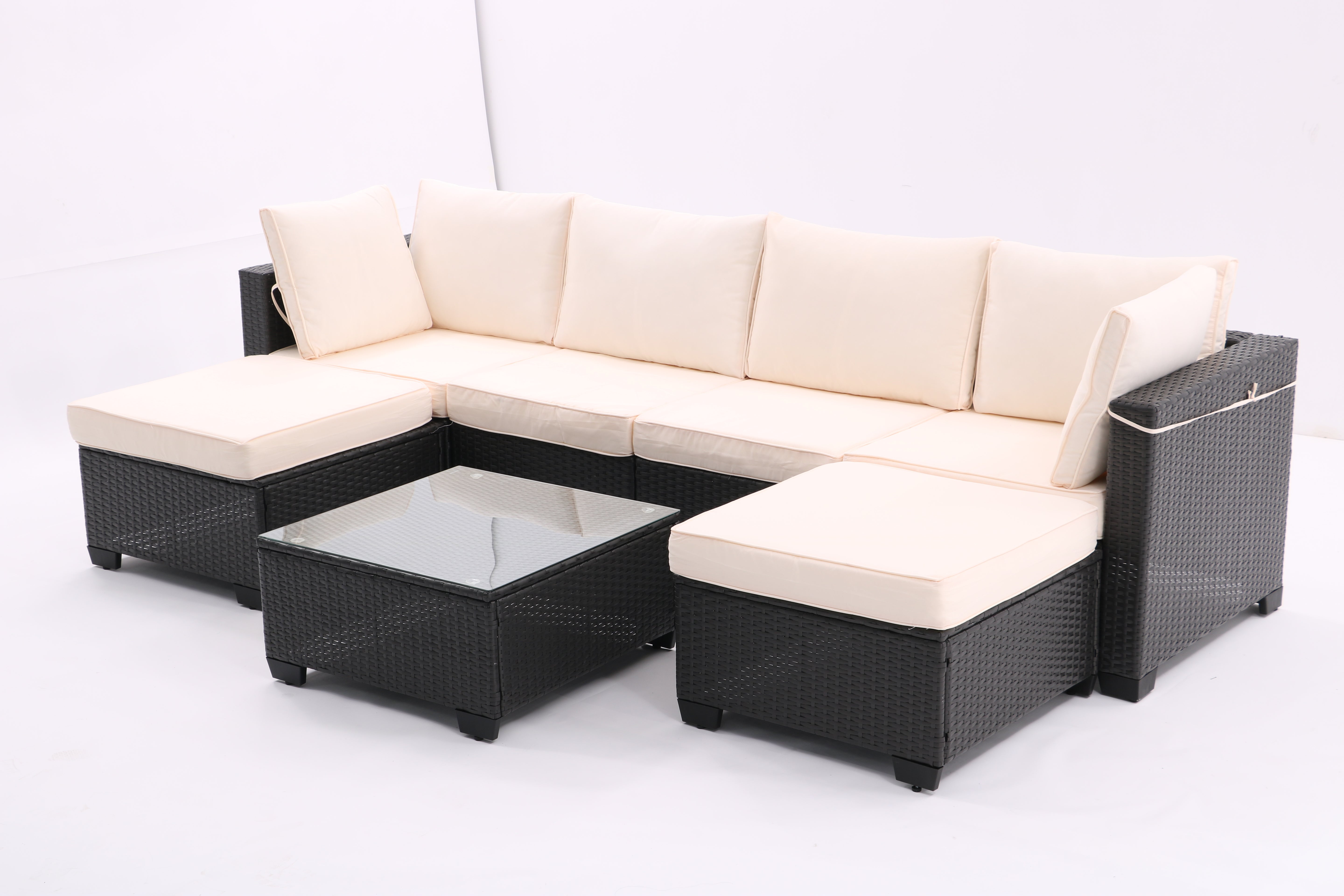 7 Pieces Outdoor Patio Furniture Set,Sectional Conversation Sofa Consisted Of Corner Chairs,Ottomans And Glass Top Table,All Weather PE Rattan and Steel Frame With Removable Cushions(Coffee+Beige)