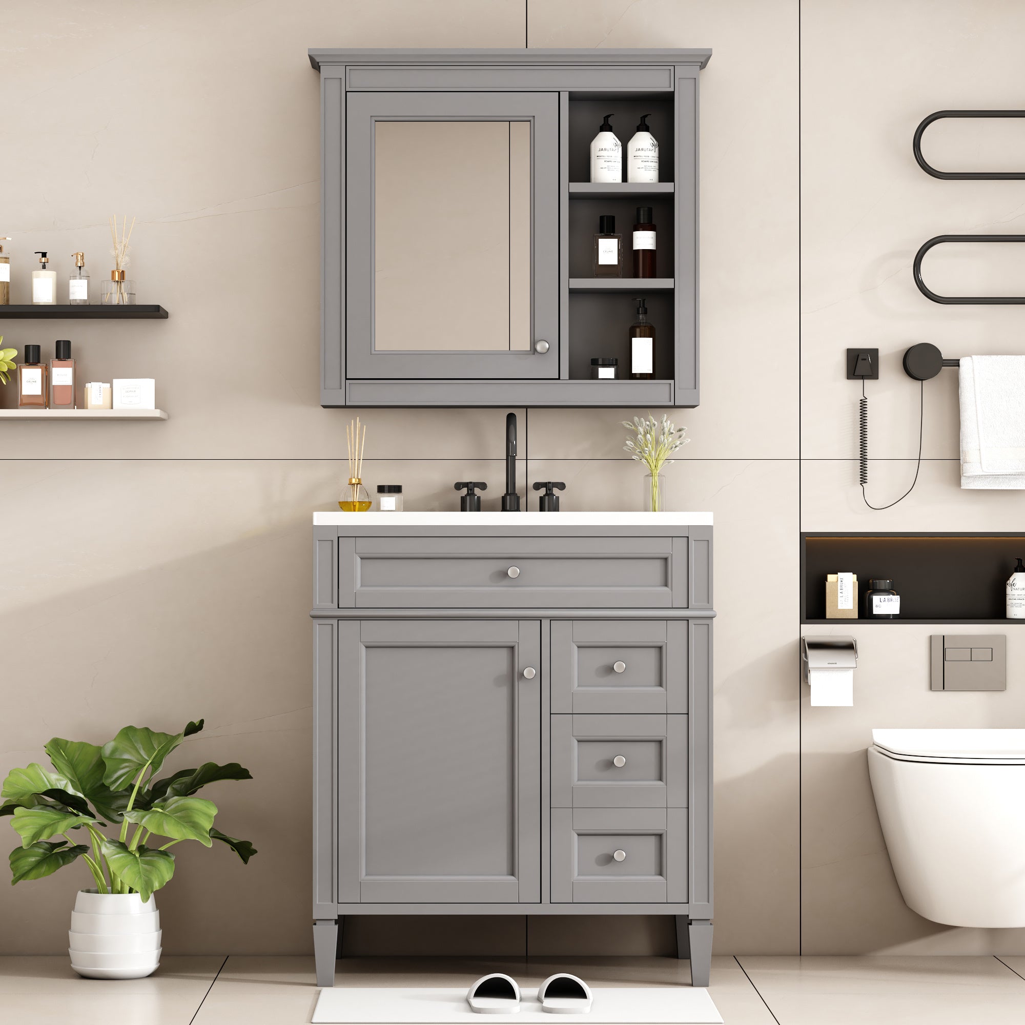 30'' Bathroom Vanity with Top Sink, Modern Bathroom Storage Cabinet with 2 Drawers and a Tip-out Drawer, Freestanding Vanity Set with Mirror Cabinet, Single Sink Bathroom Vanity