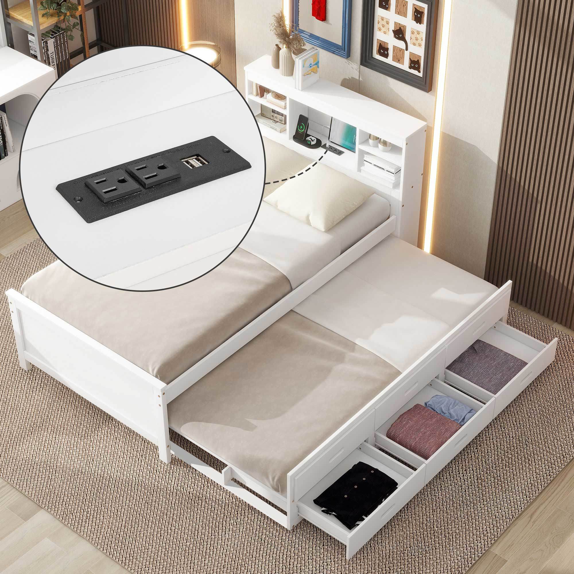 Twin Size Platform Bed with Storage Headboard, USB, Twin Size Trundle and 3 Drawers, White