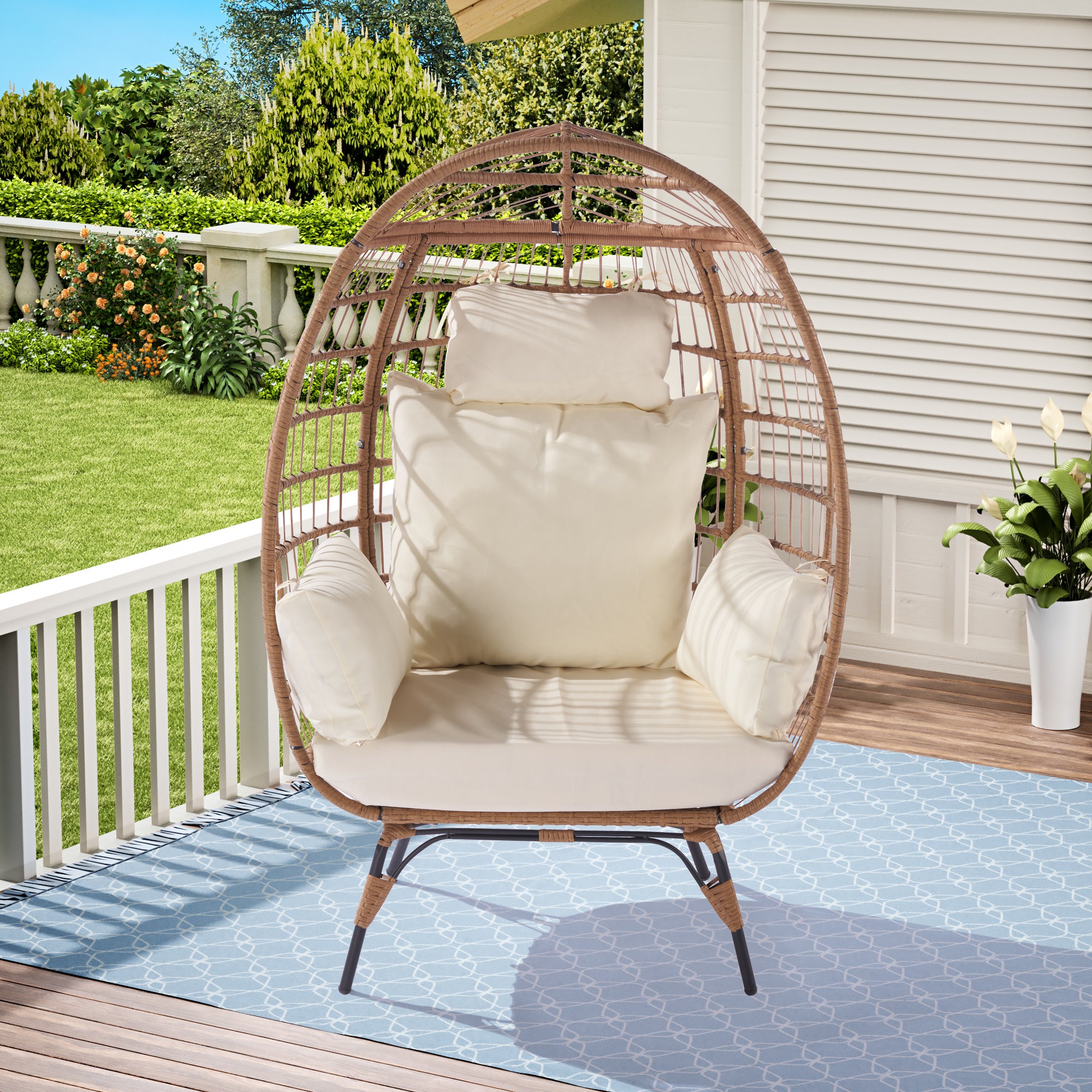 Wicker Egg Chair, Oversized Indoor Outdoor Lounger for Patio, Backyard, Living Room w/ 5 Cushions, Steel Frame