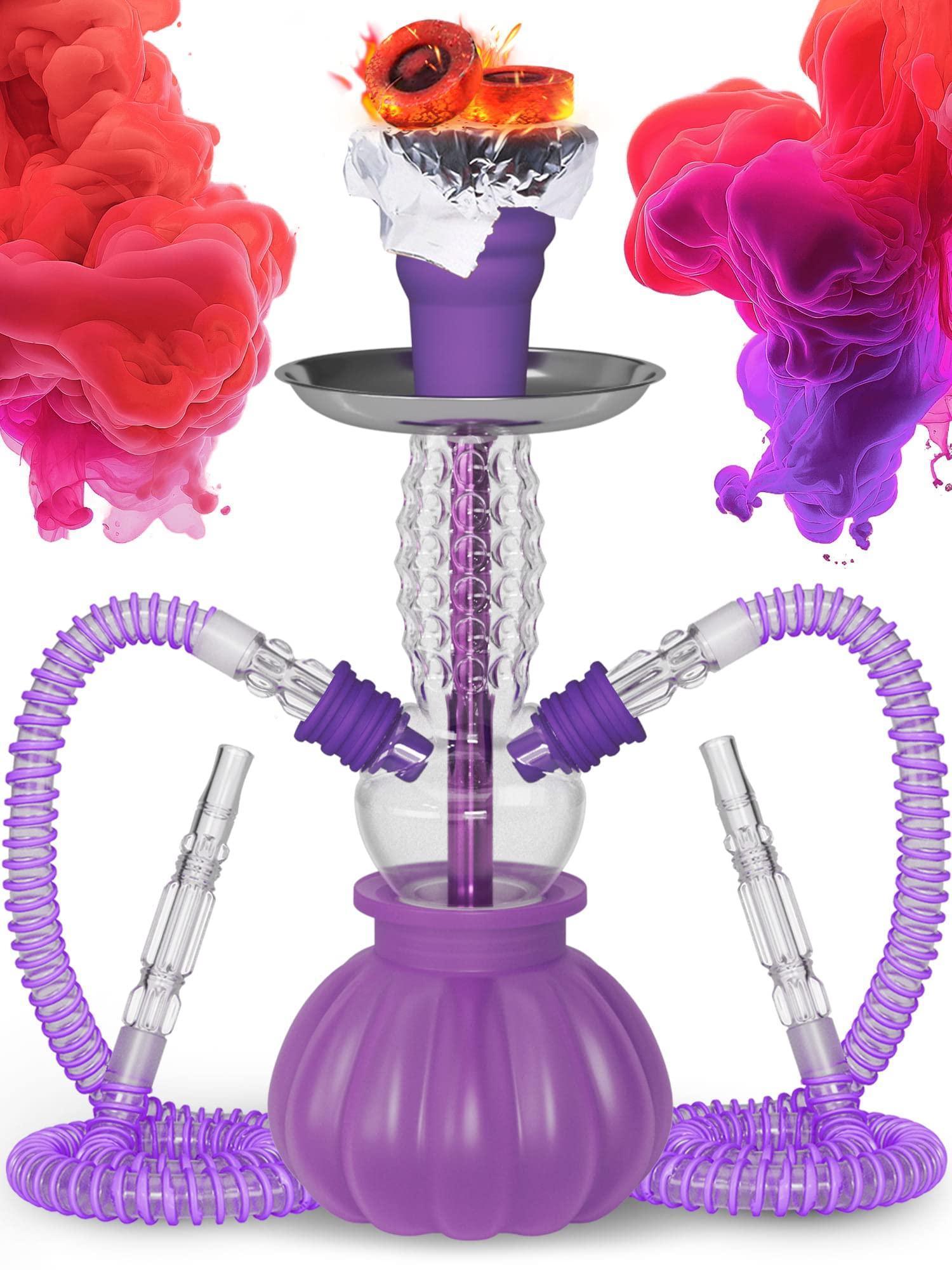 Purple Hookah Set 2 Hose Hookah Picolo 12” Purple Mini Hookah 2 Hose Hookah Set with Silicone Hookah Bowl 2x Purple Hookah Hose 50x hookah foil with holes 10x hookah tips disposable & Tongs