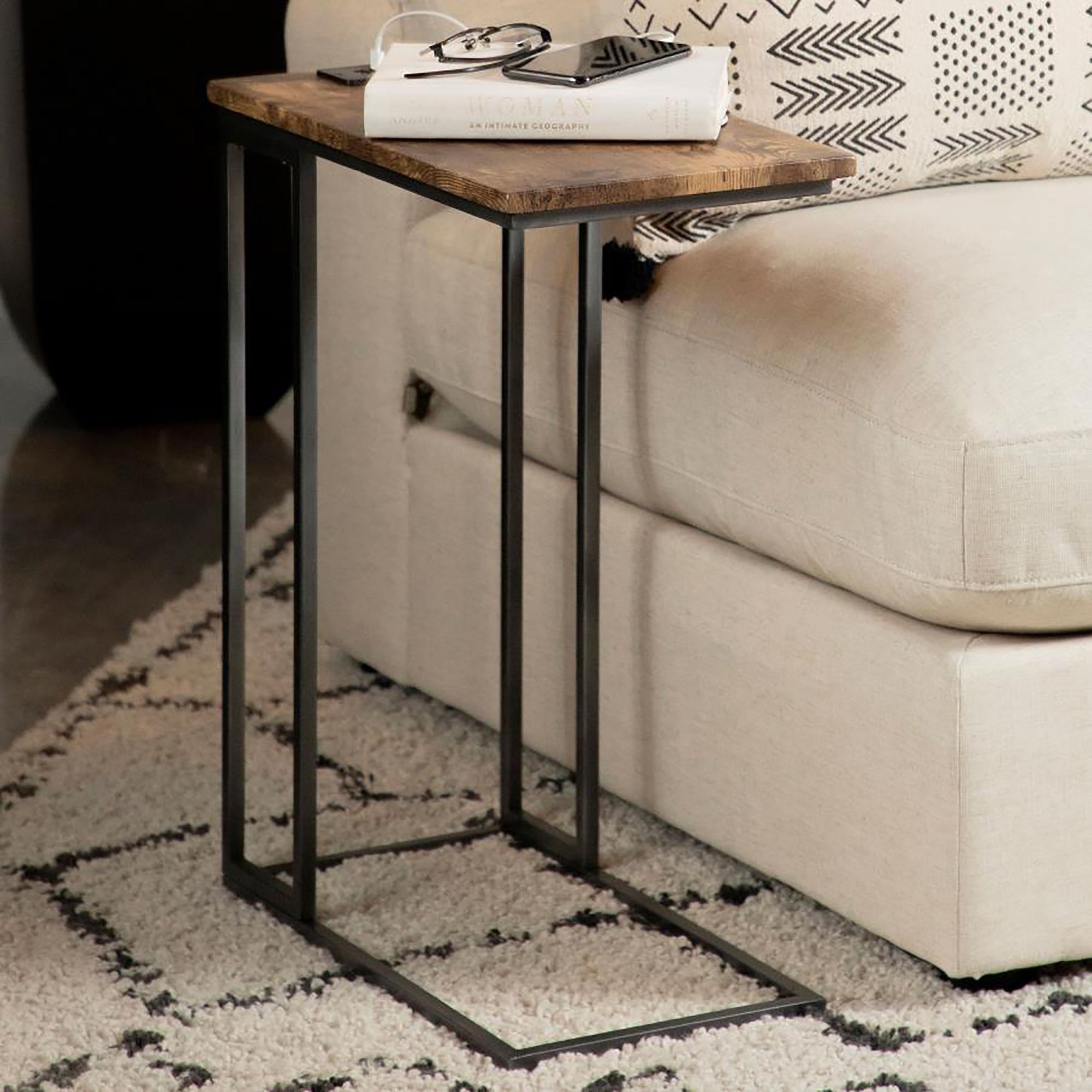 Gunmetal and Antique Brown C-Shape Snack Table with Power Outlet