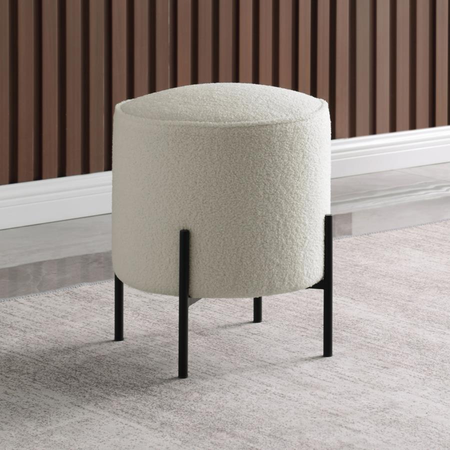 Beige and Matte Black Round Upholstered Ottoman