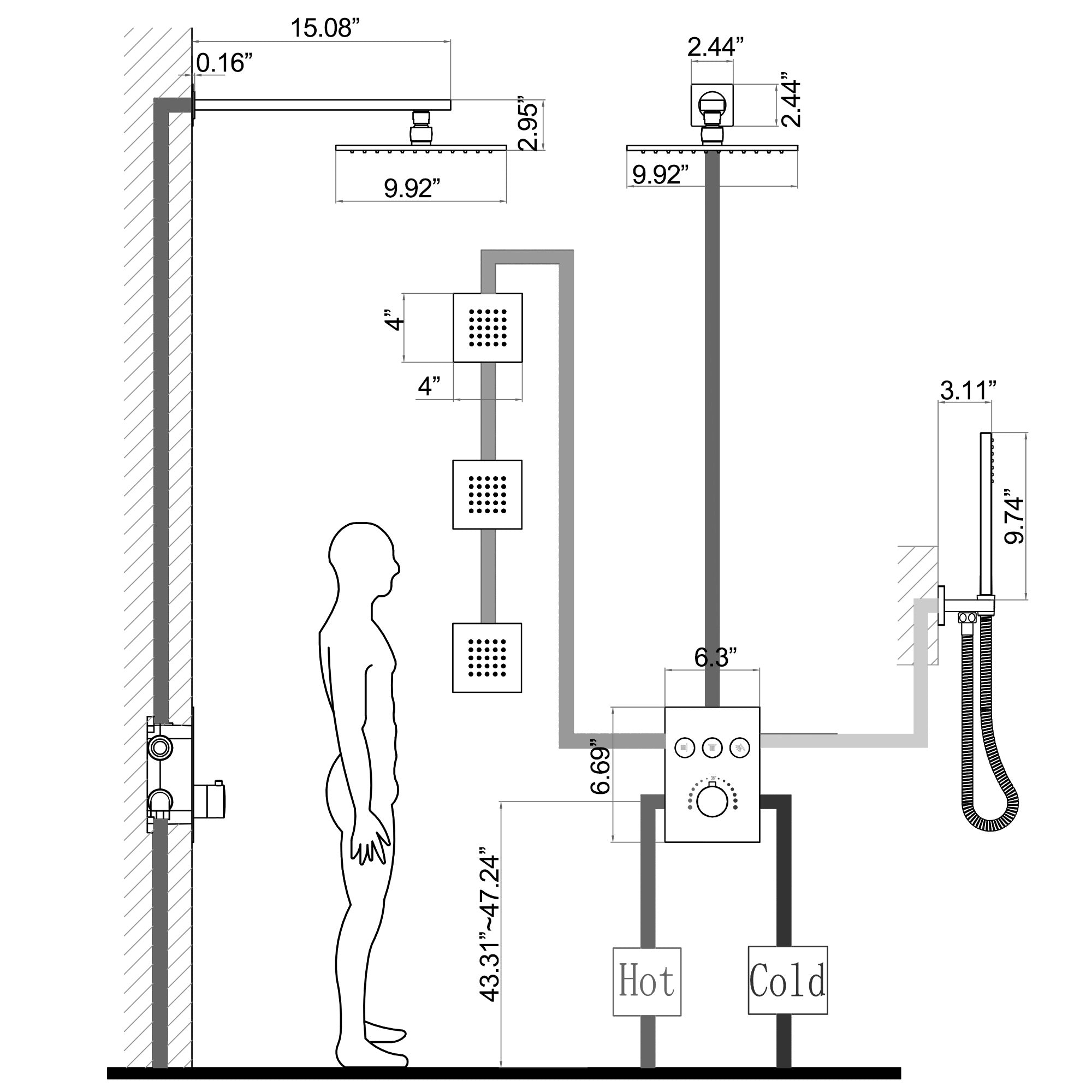 Square three-function side-spray thermostatic closet bathroom shower shower set