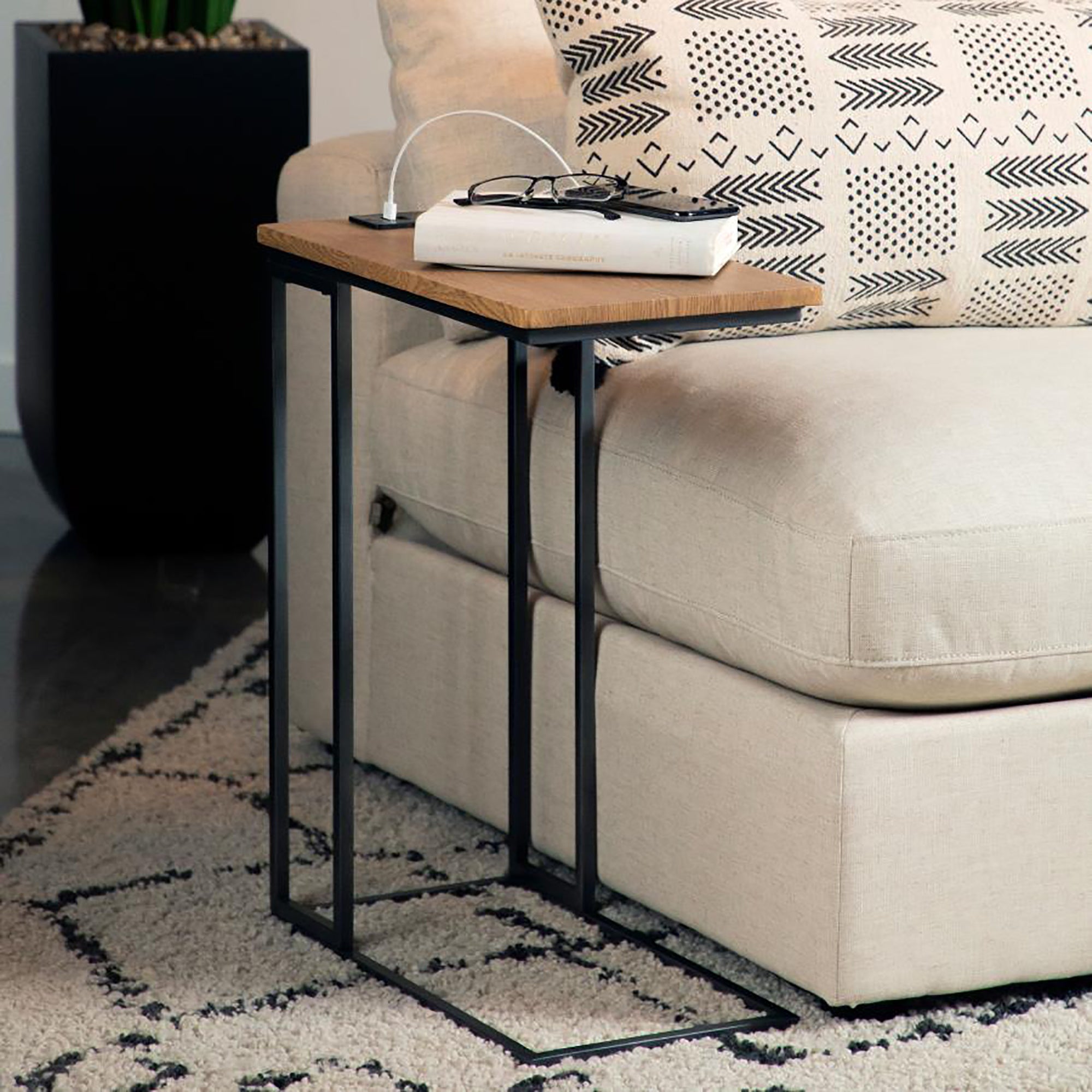 Gunmetal and Natural C-Shape Snack Table with Power Outlet