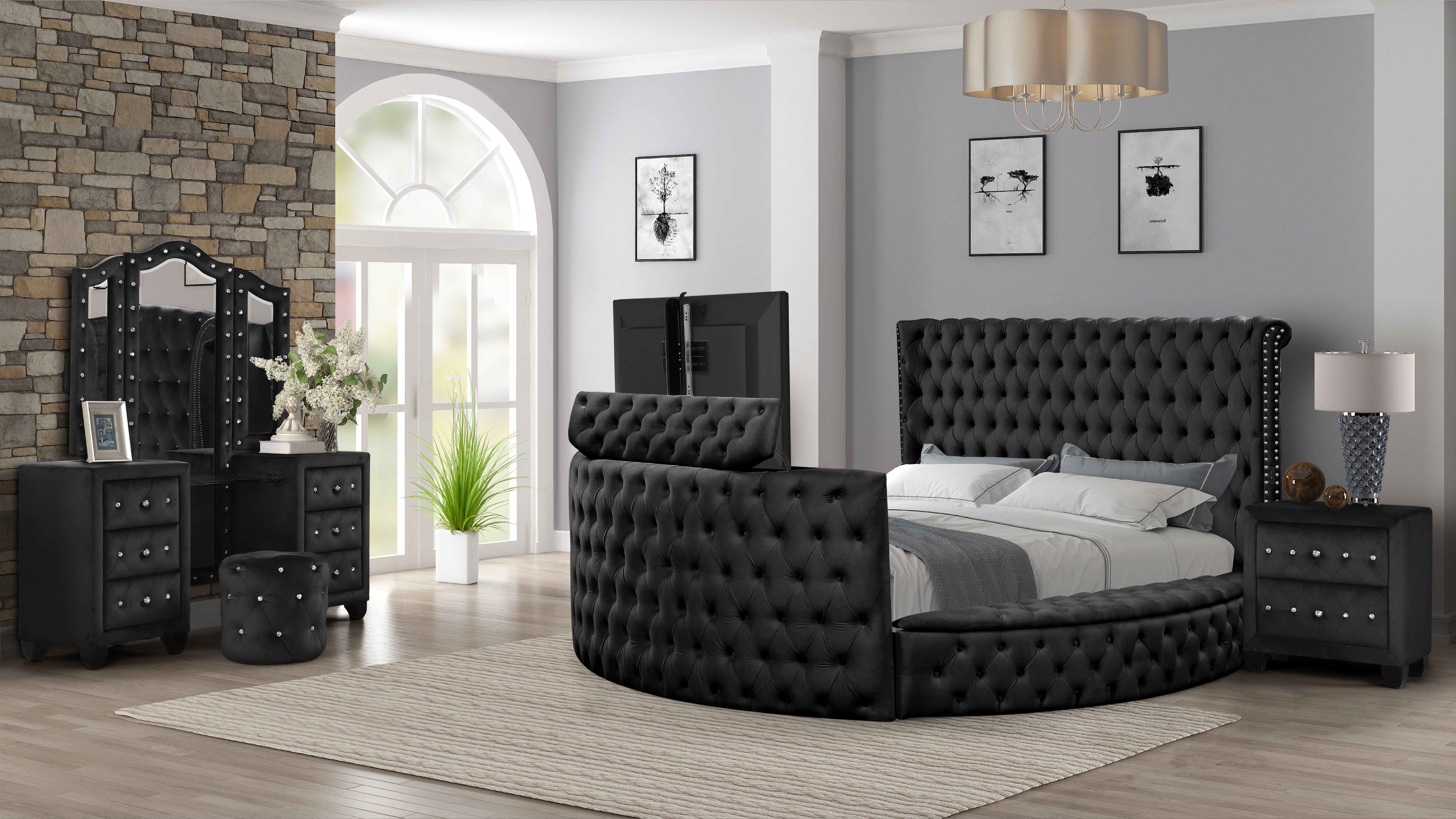 Maya Crystal Tufted Queen 4 Pc Vanity Bedroom Set Made with Wood in Black