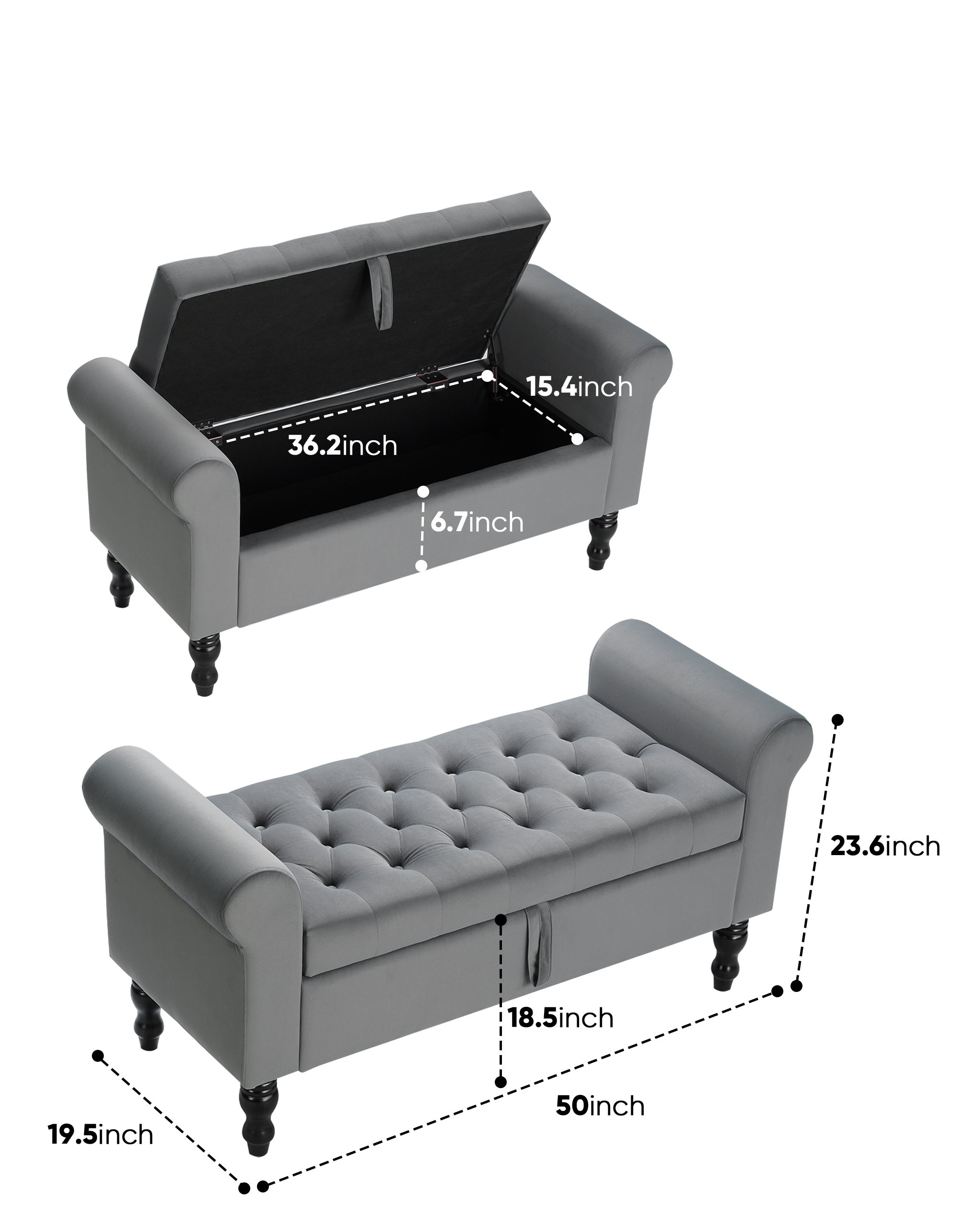 Storage Bench Bedroom, Rolled Arm Storage Ottoman Bench, End of Bed, Folding Rectangle Ottoman, for Bedroom