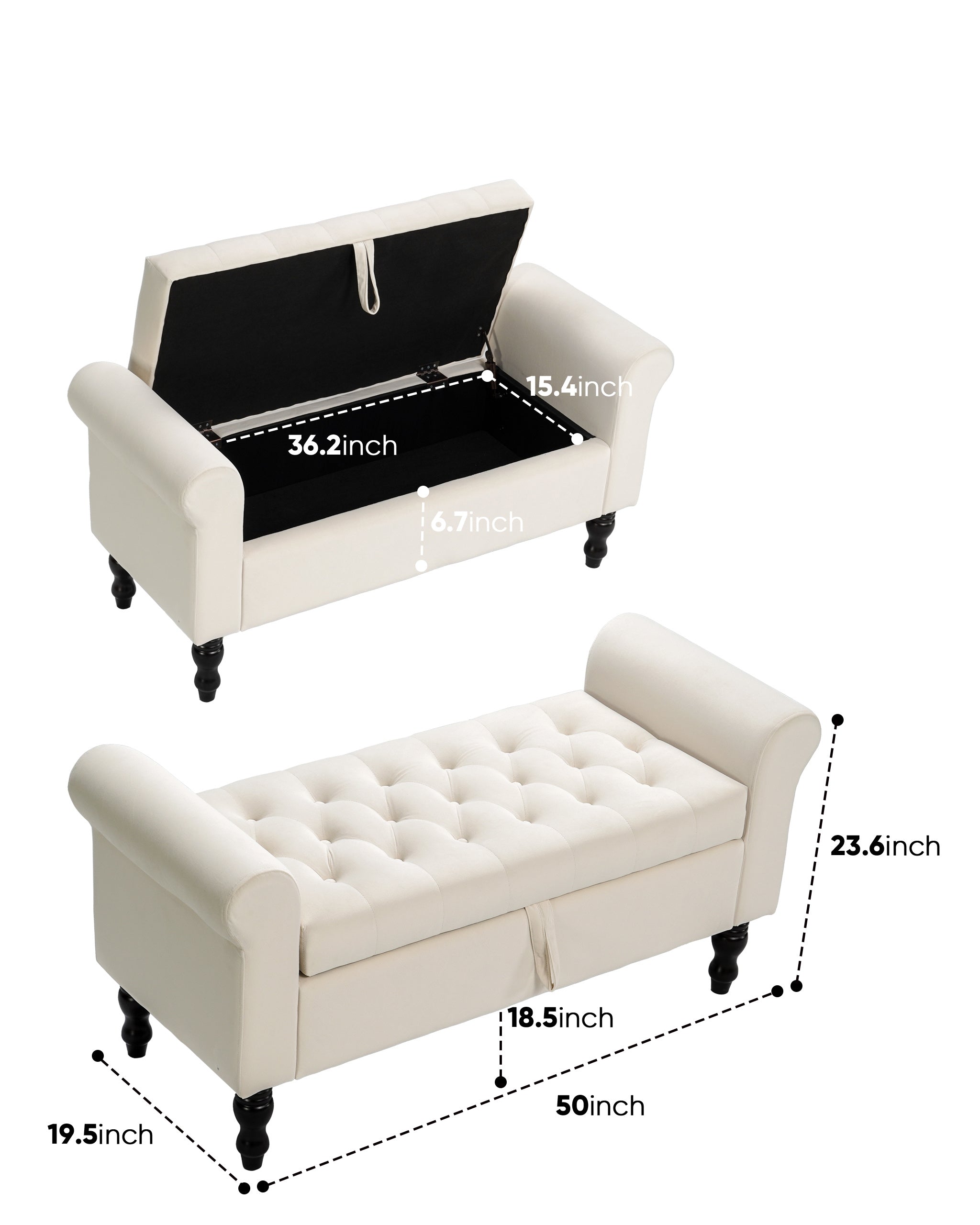 Storage Bench Bedroom, Rolled Arm Storage Ottoman Bench, End of Bed, Folding Rectangle Ottoman, for Bedroom