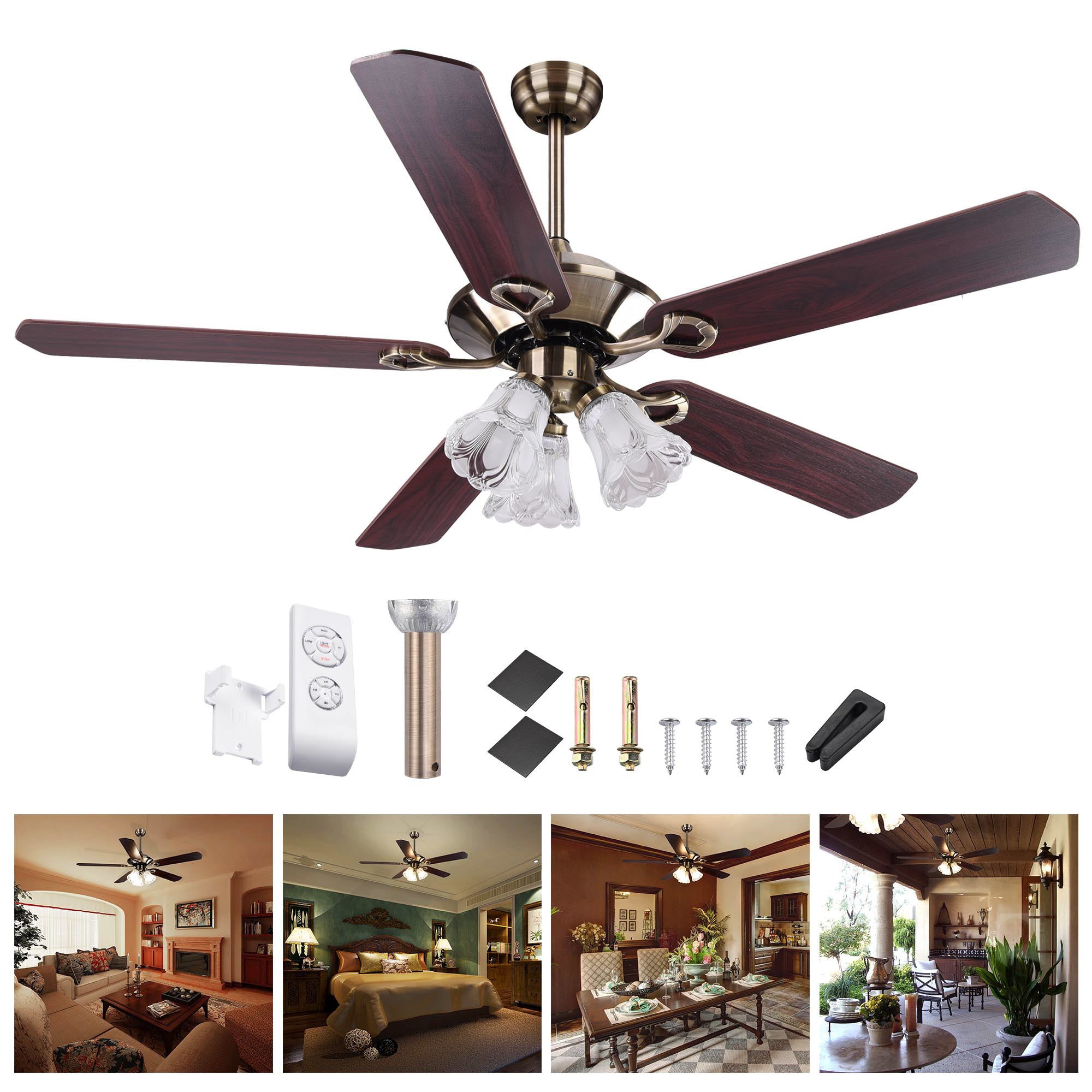 52Inch 5 Blades Ceiling Fan Light Antique Bronze Remote Control Without Bulb