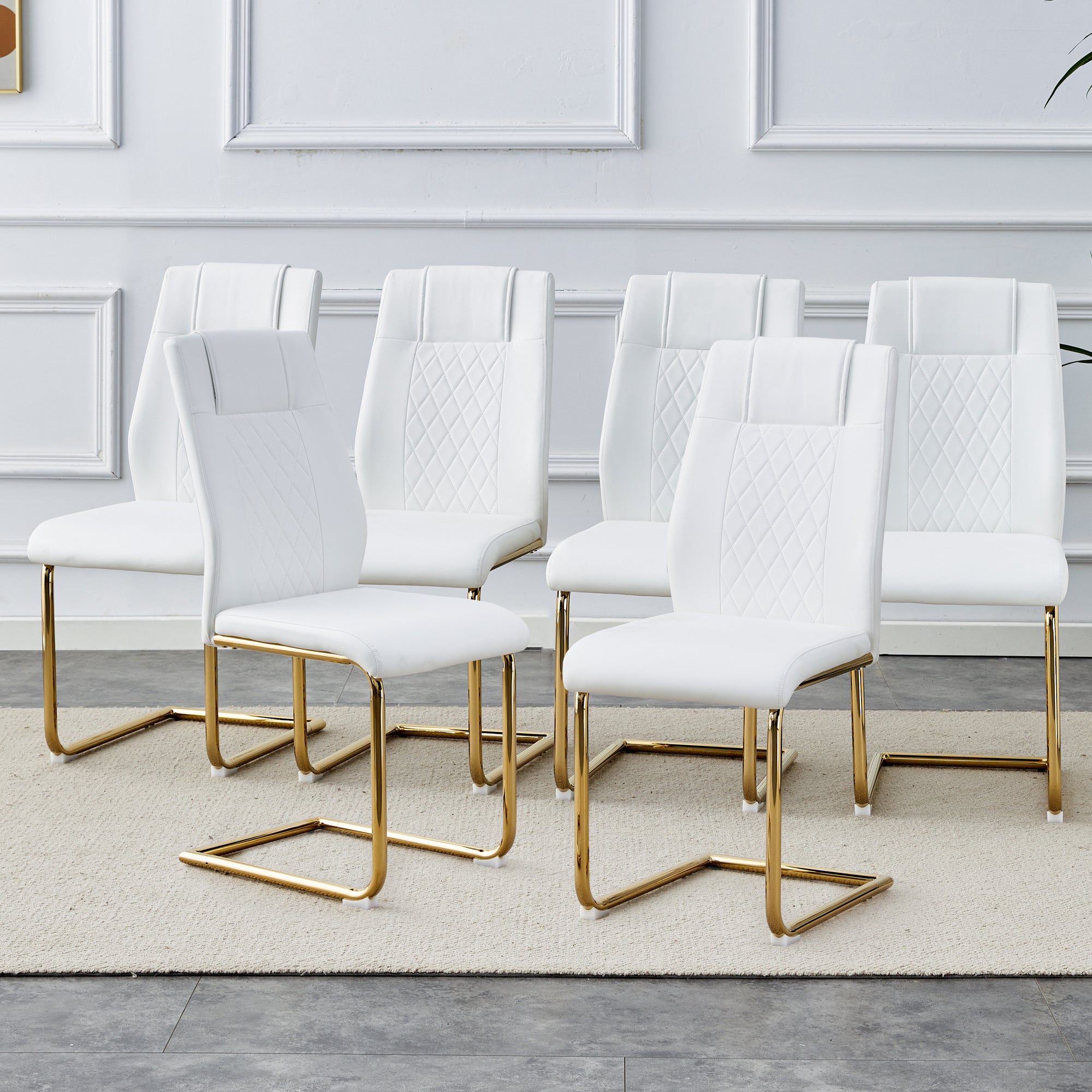 Modern dining chairs, dining room chairs, and golden leg cushioned chairs made of artificial leather, suitable for kitchens, living rooms, bedrooms, and offices. Set of 6 pieces (white+PU )C-001