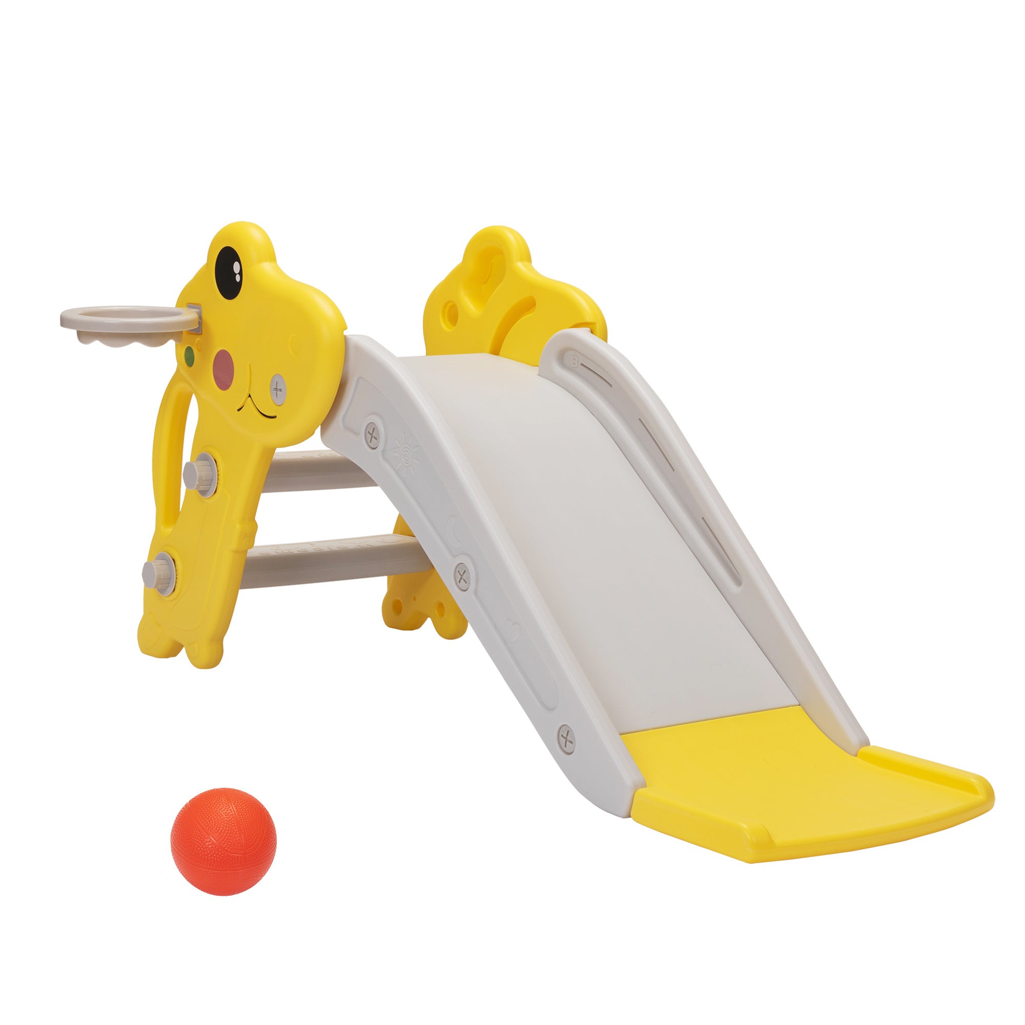 Kids Slide, Freestanding Toddler Climber with Basketball Hoop for Indoor and Outdoor Play, Yellow+Gray