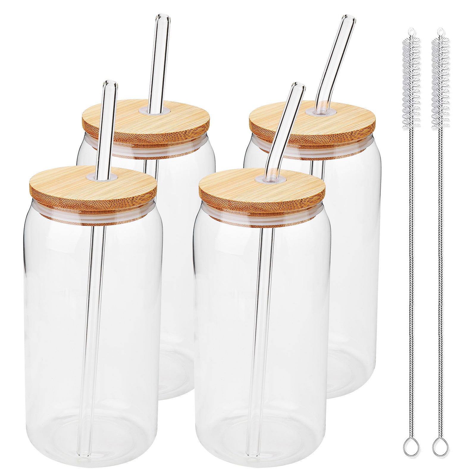 4 Set Glass Cups with Bamboo Lids and Straws, 20oz Can Shaped Drinking Beer Glasses, Iced Coffee Cups, Cute Tumbler with 2 Cleaning Brushes, Ideal for Bubble Tea, smoothie, Juice